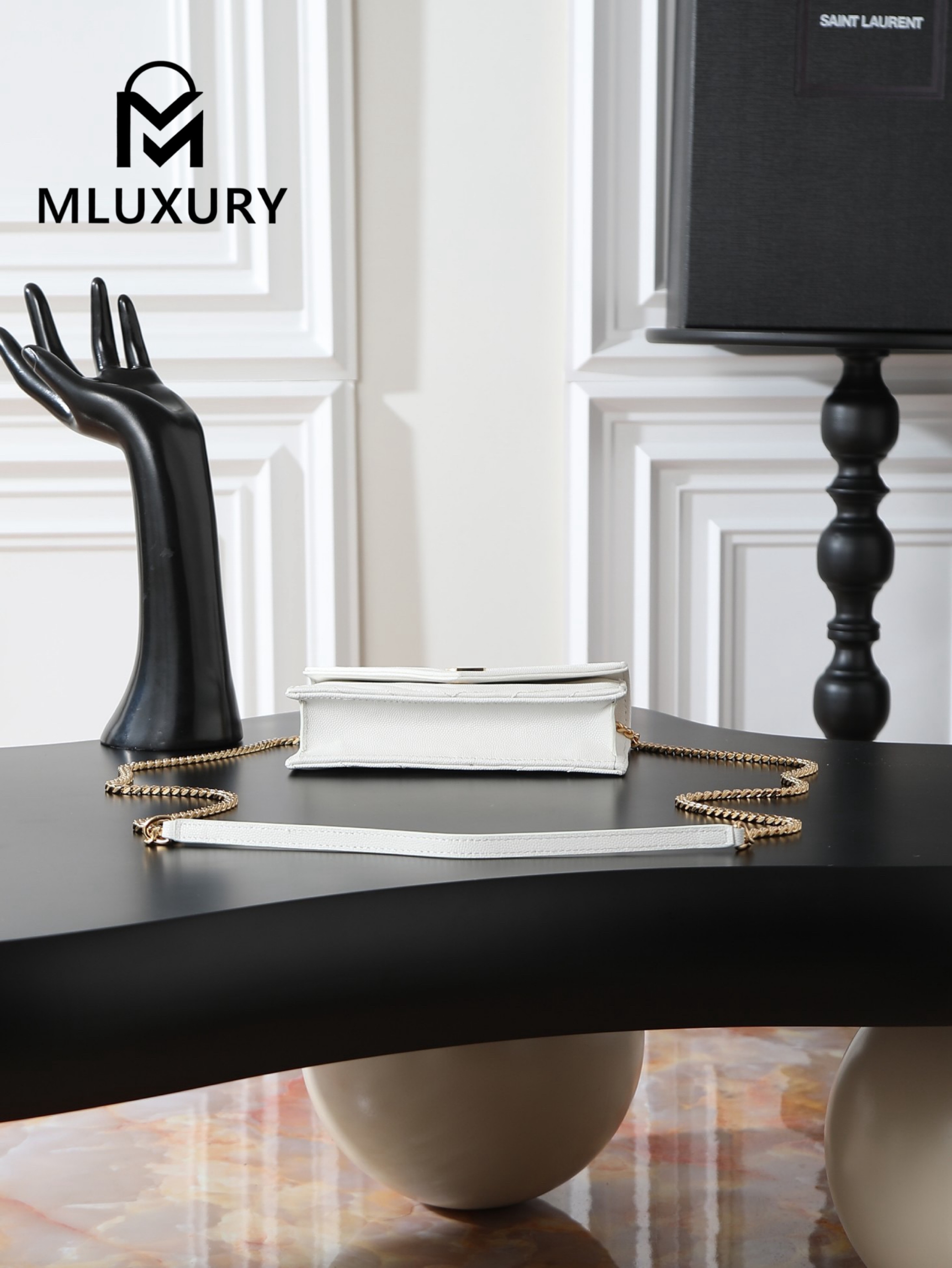 YSL WOC Caviar Small Envelope Bag, White with Gold Hardware