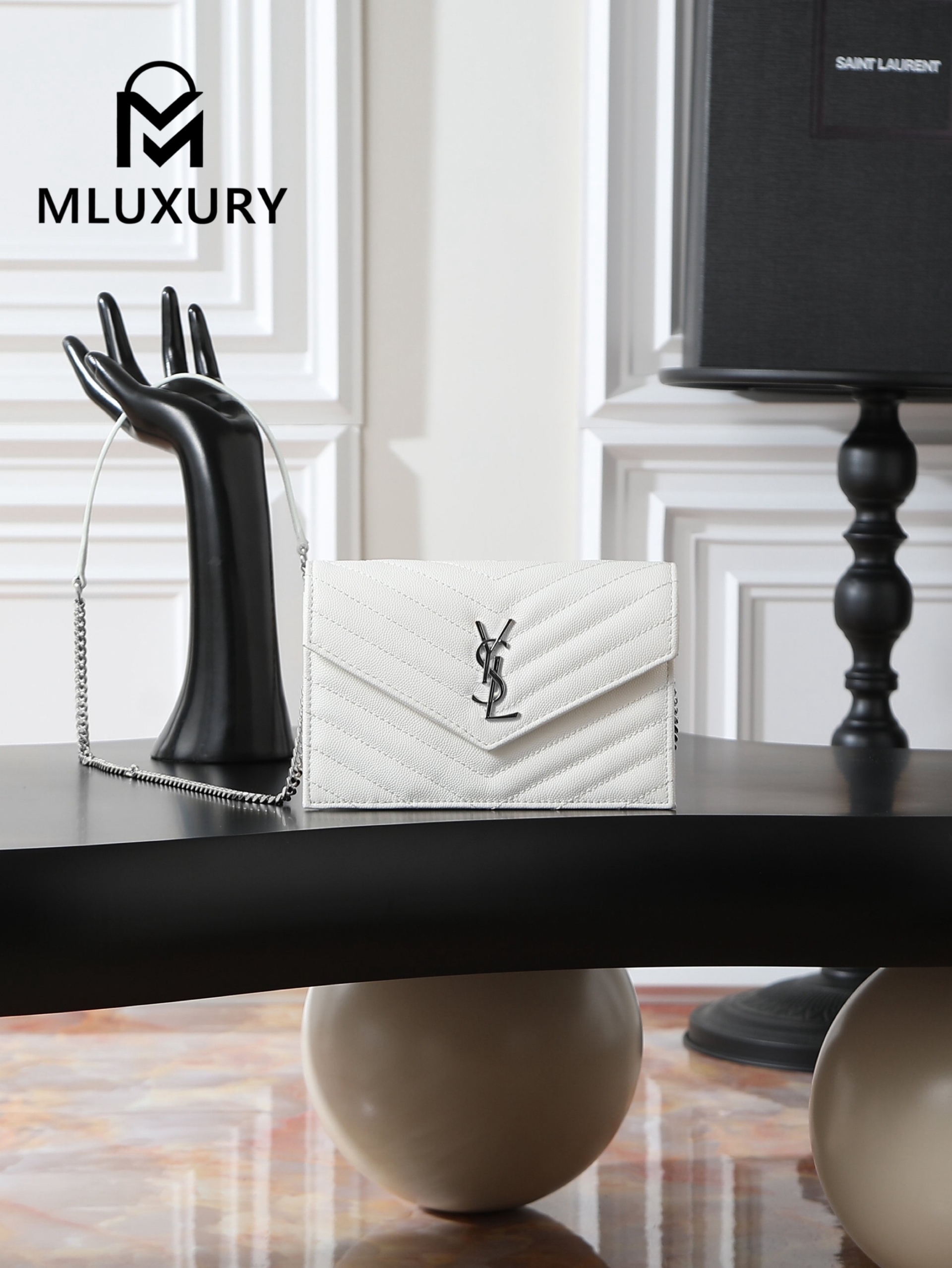 YSL WOC Caviar Small Envelope Bag, White with Silver Hardware