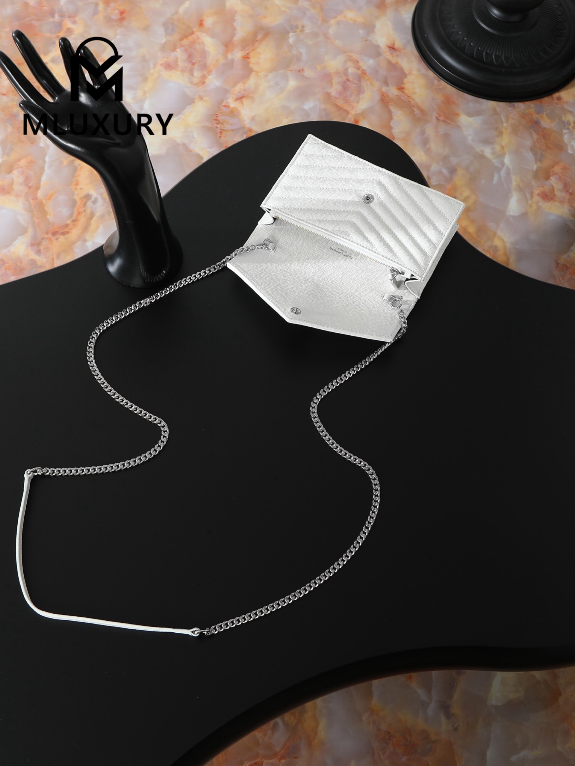YSL WOC Caviar Small Envelope Bag, White with Silver Hardware