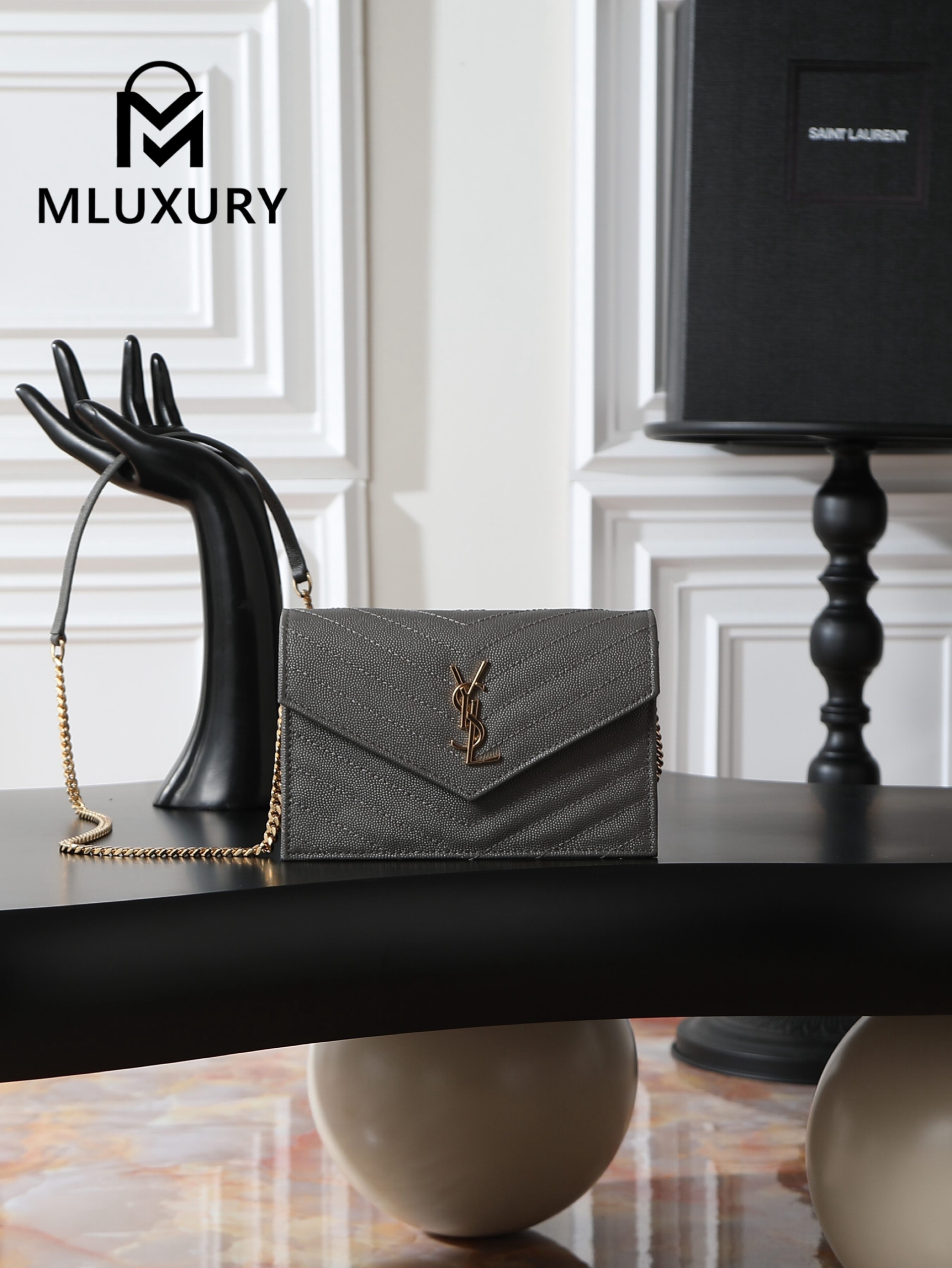 YSL WOC Caviar Small Envelope Bag, Grey with Gold Hardware