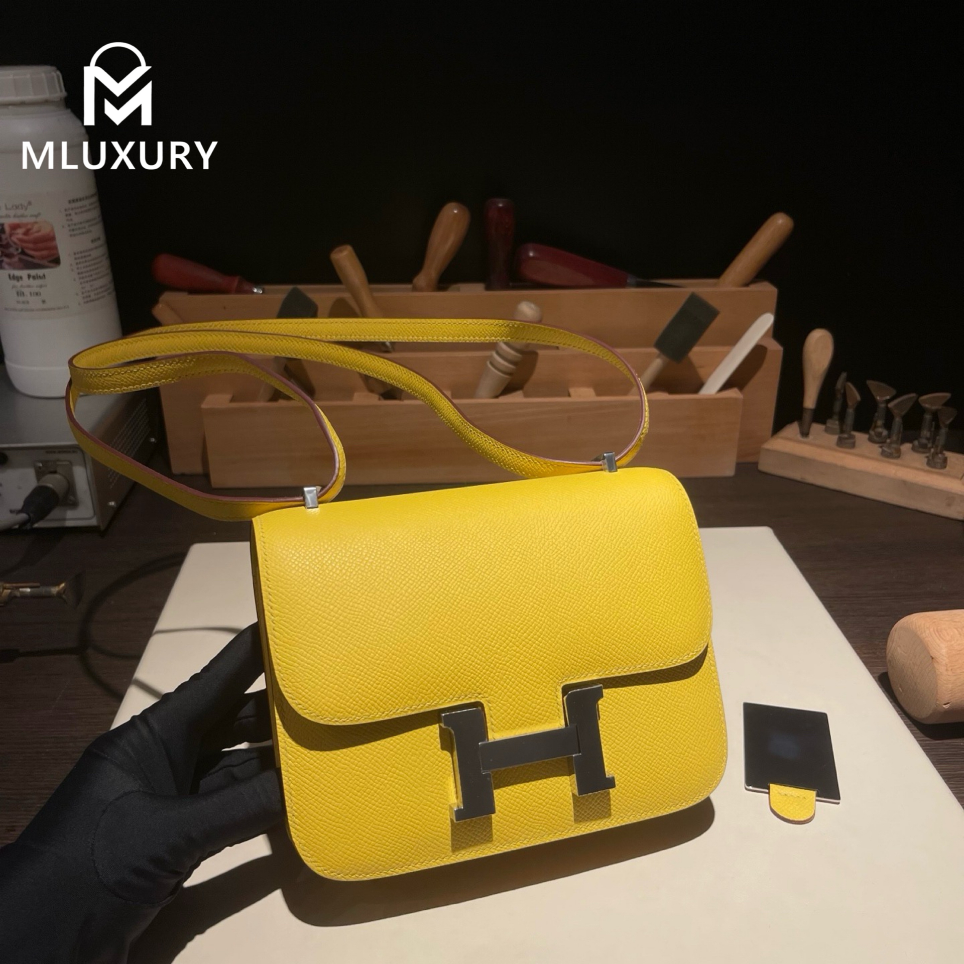 Hermès Constance 19 Flight Attendant Style, French authentic Hassom leather, Neapolitan yellow, silver hardware