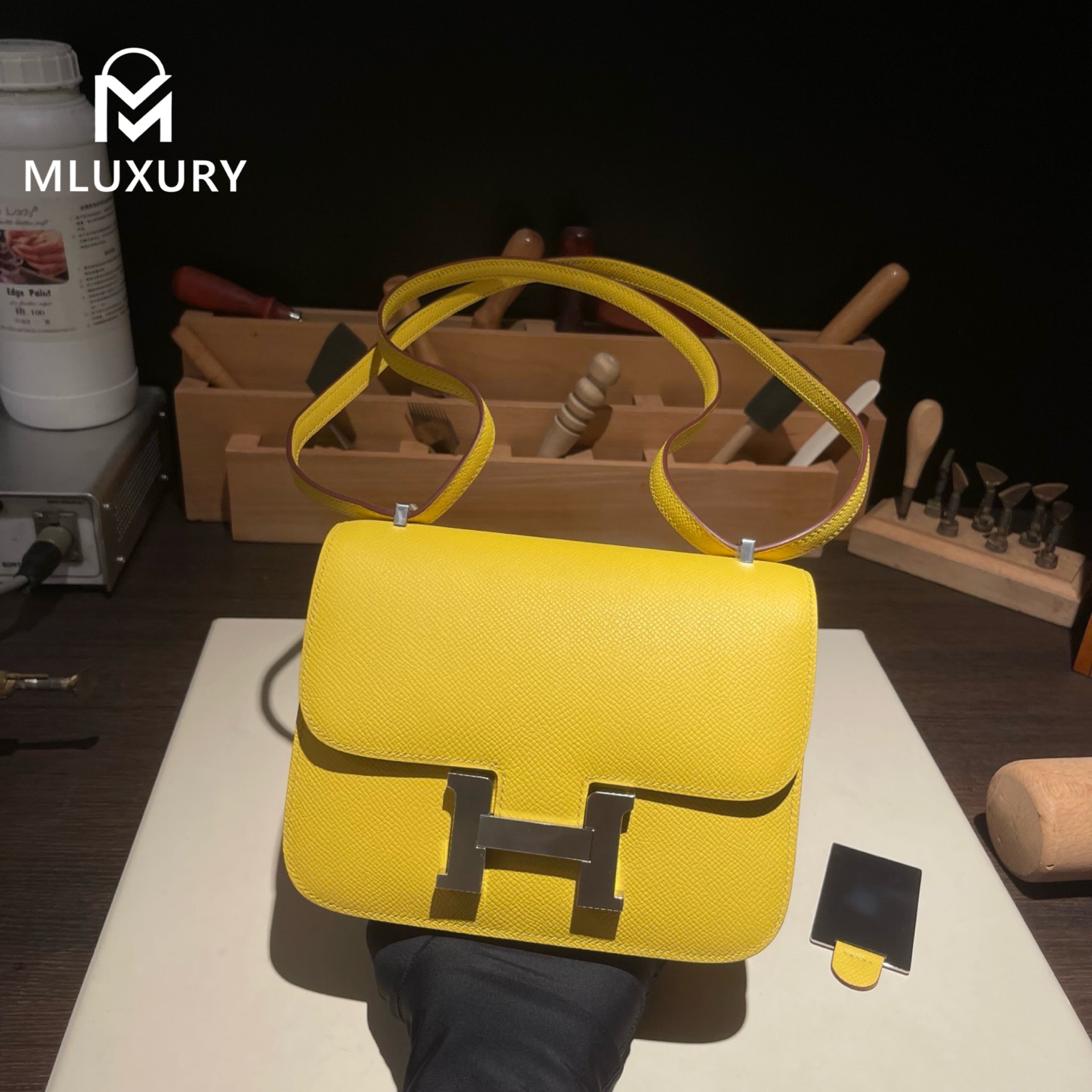 Hermès Constance 19 Flight Attendant Style, French authentic Hassom leather, Neapolitan yellow, silver hardware