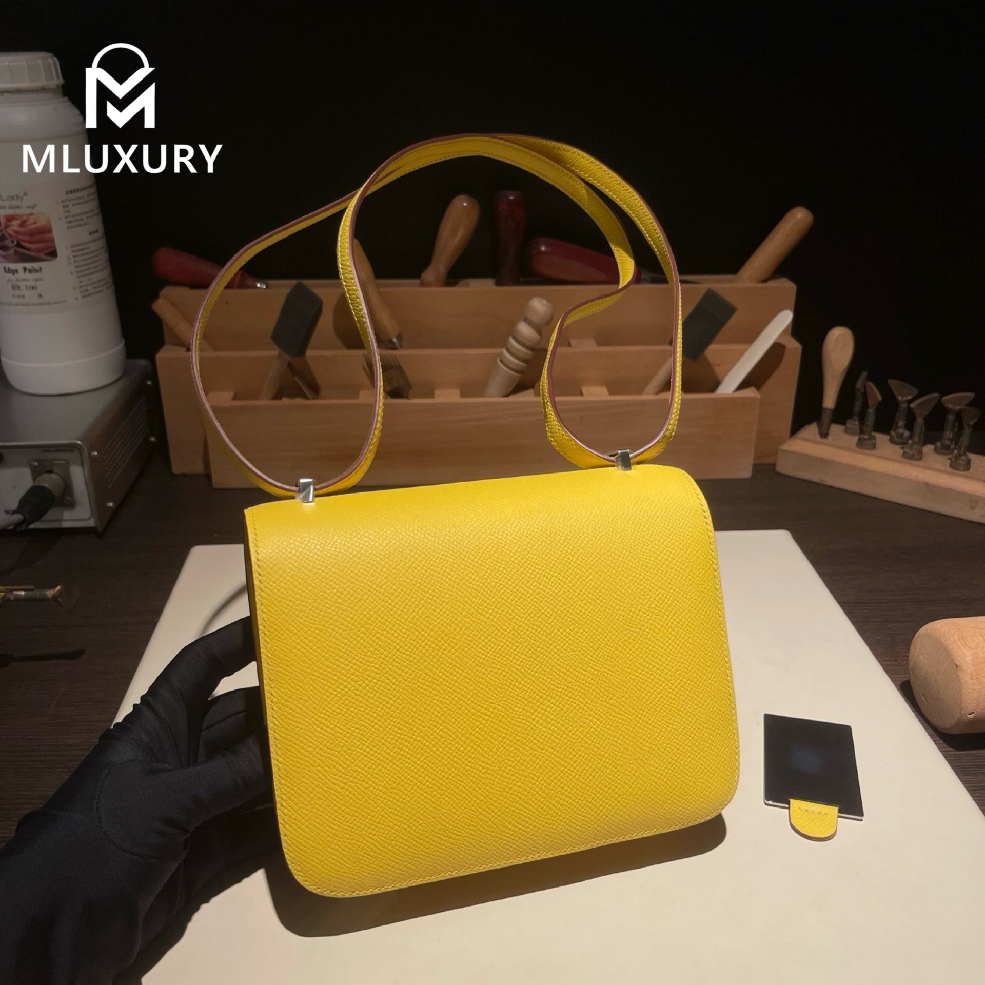 Hermès Constance 19 Flight Attendant Style, French authentic Hassom leather, Neapolitan yellow, silver hardware