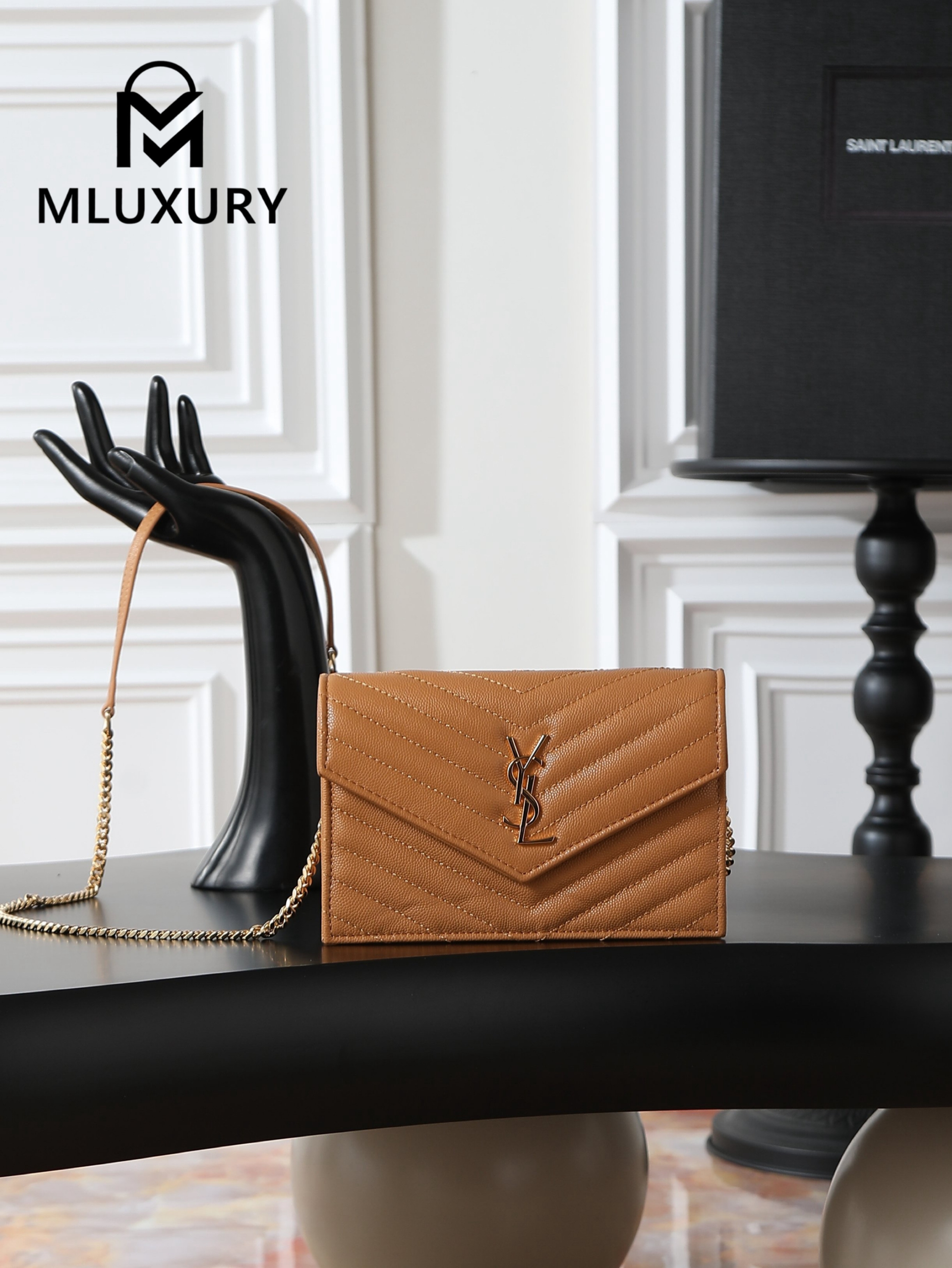YSL WOC Caviar Small Envelope Bag, Tan with Gold Hardware
