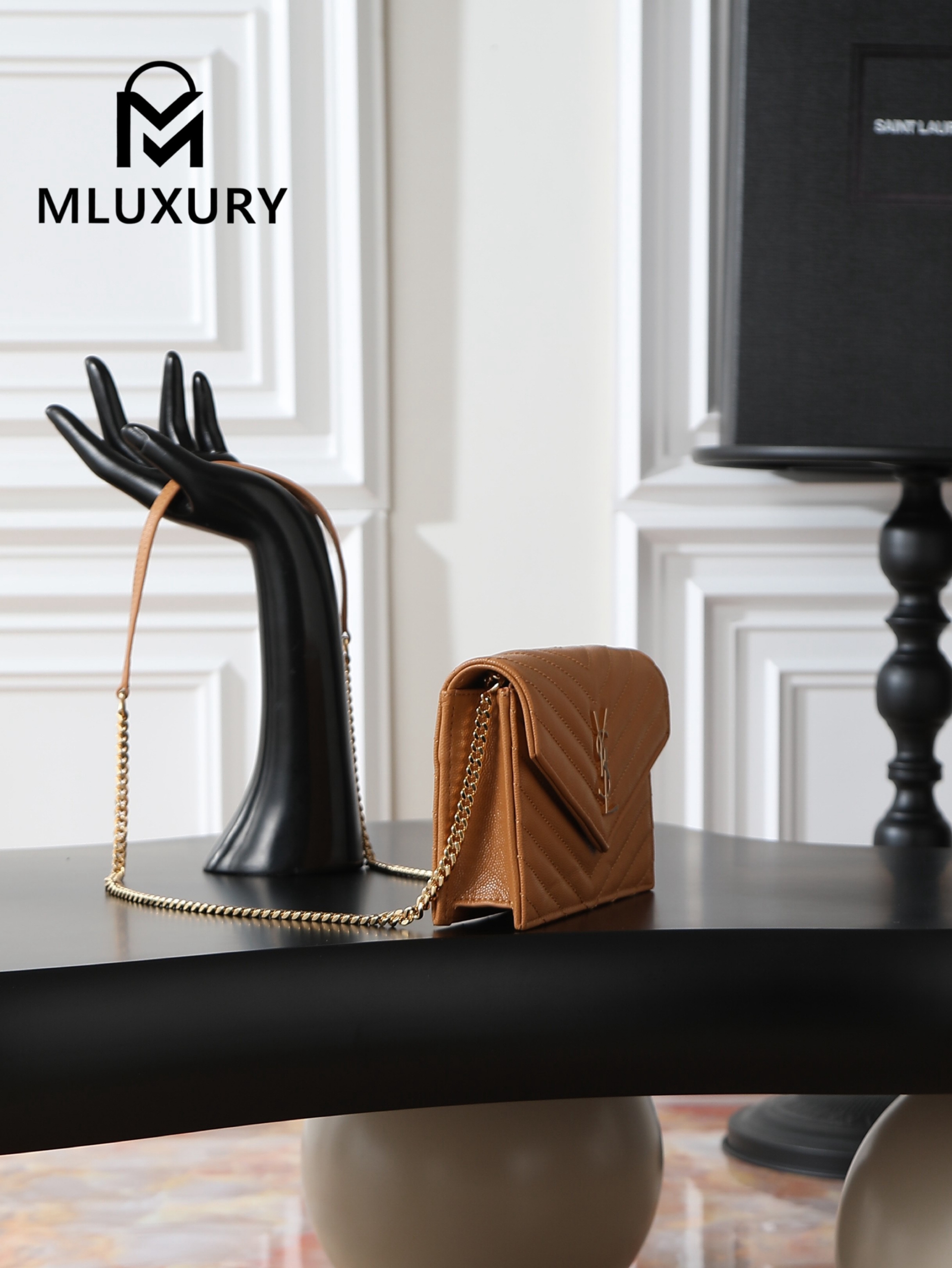 YSL WOC Caviar Small Envelope Bag, Tan with Gold Hardware