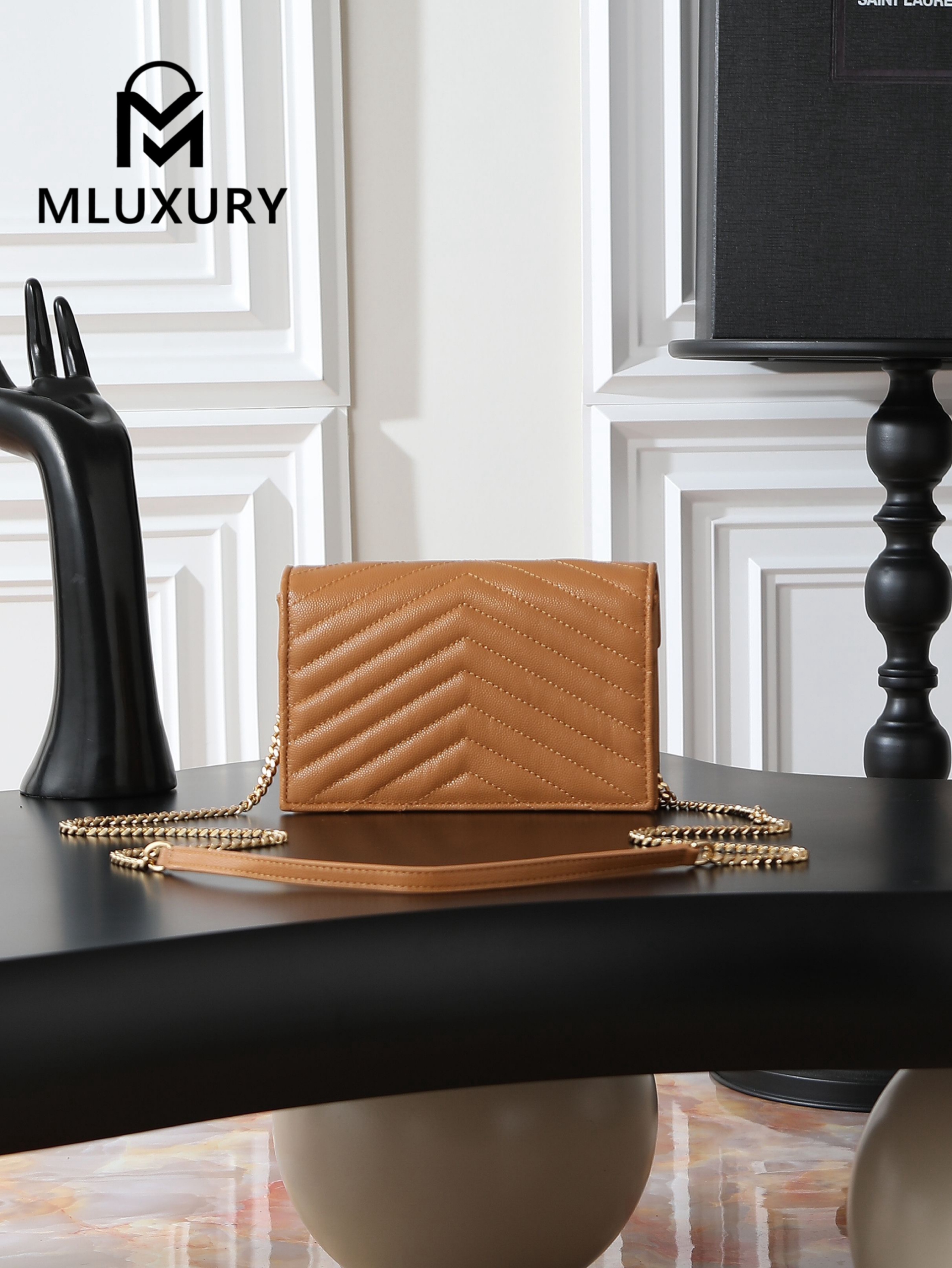 YSL WOC Caviar Small Envelope Bag, Tan with Gold Hardware