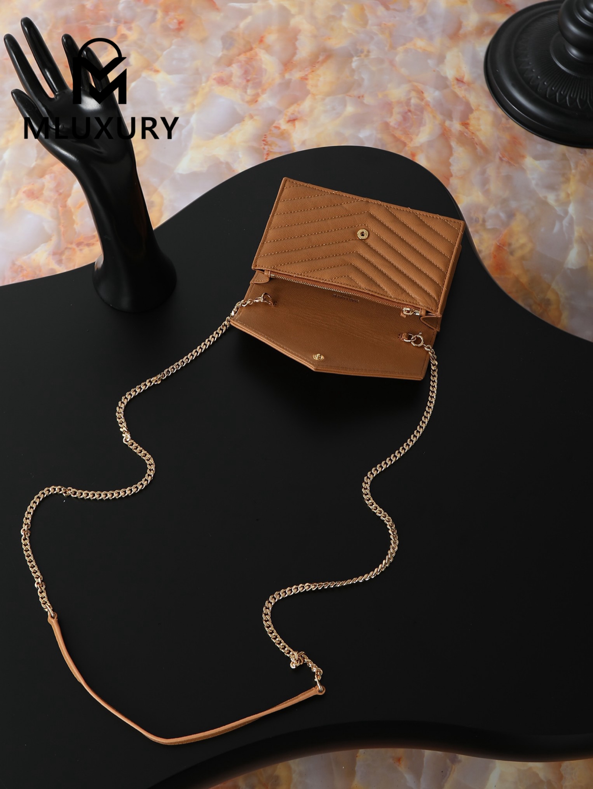 YSL WOC Caviar Small Envelope Bag, Tan with Gold Hardware