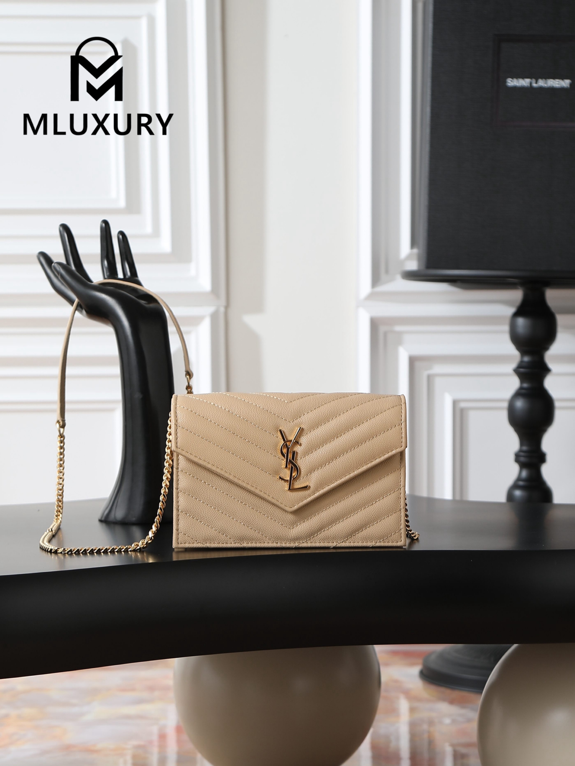 YSL WOC Caviar Small Envelope Bag, Apricot with Gold Hardware