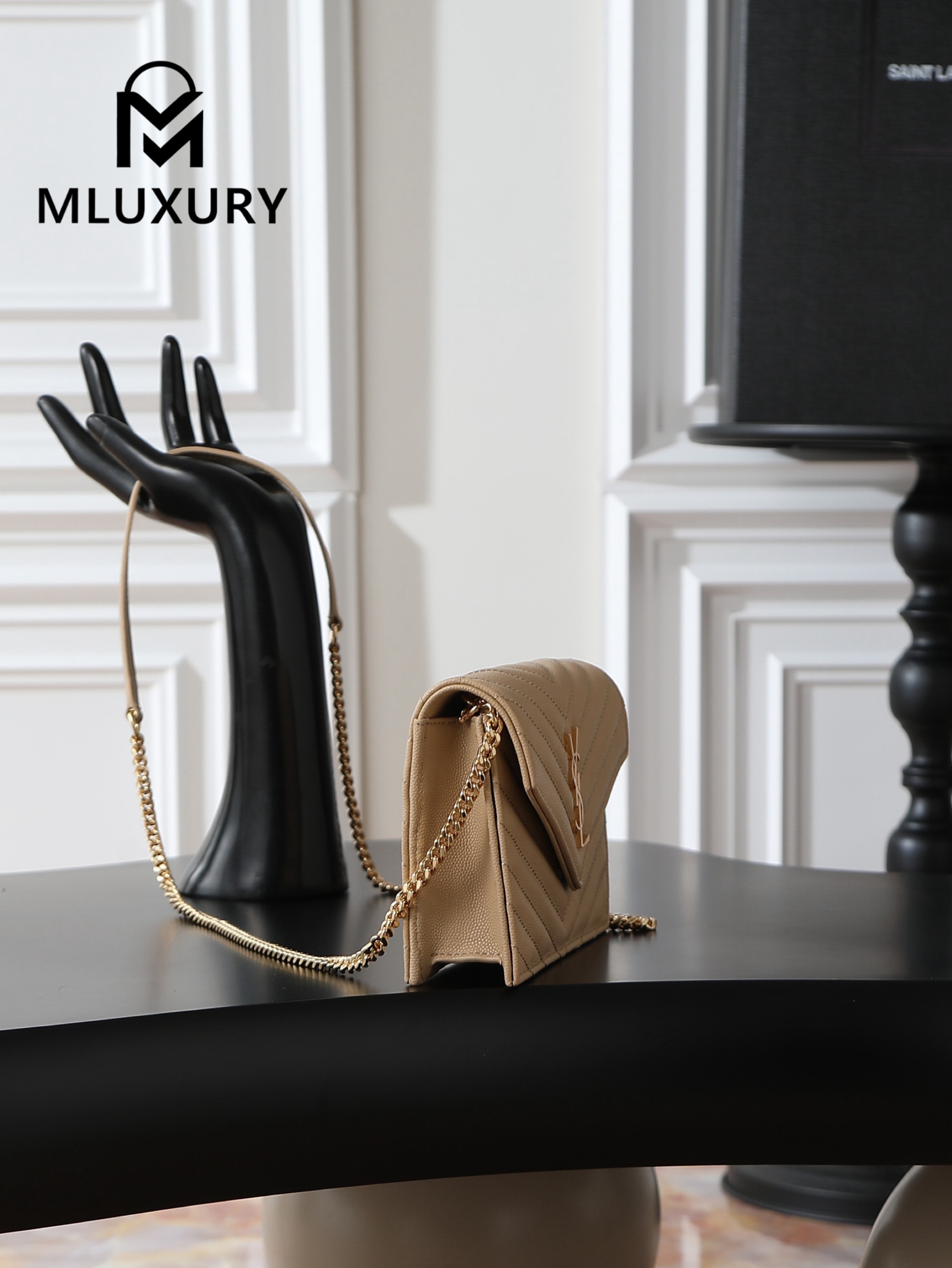 YSL WOC Caviar Small Envelope Bag, Apricot with Gold Hardware
