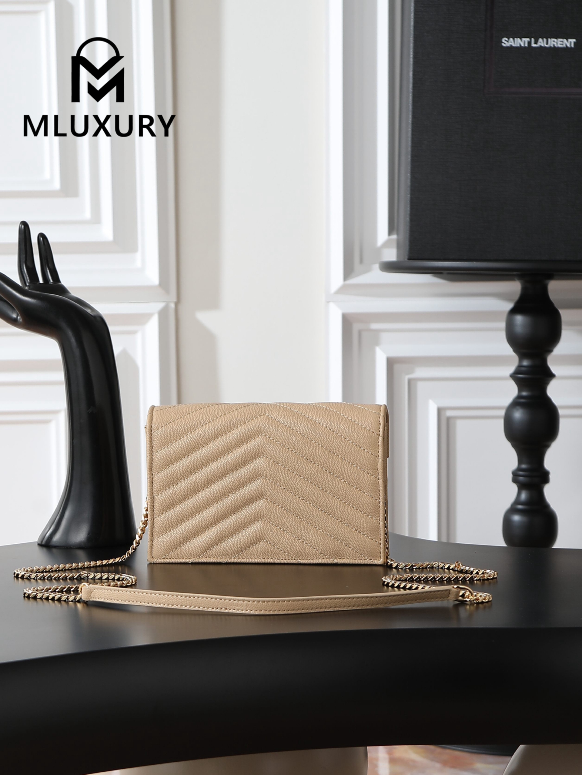 YSL WOC Caviar Small Envelope Bag, Apricot with Gold Hardware