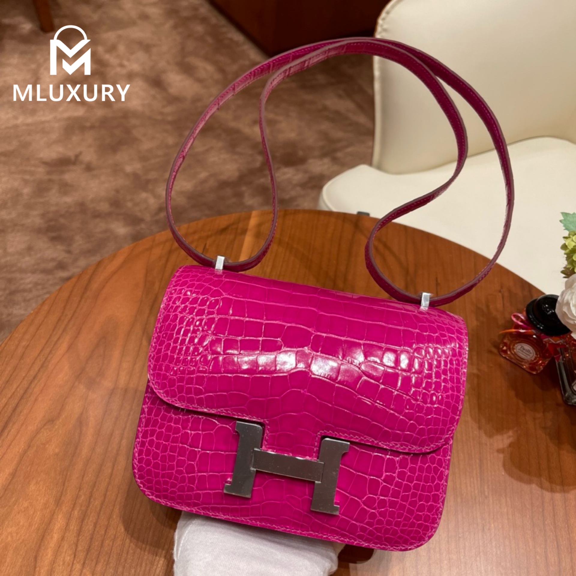 Hermès Constance 19, glossy Alligator logo, J5 Arabian Nights Purple, silver hardware