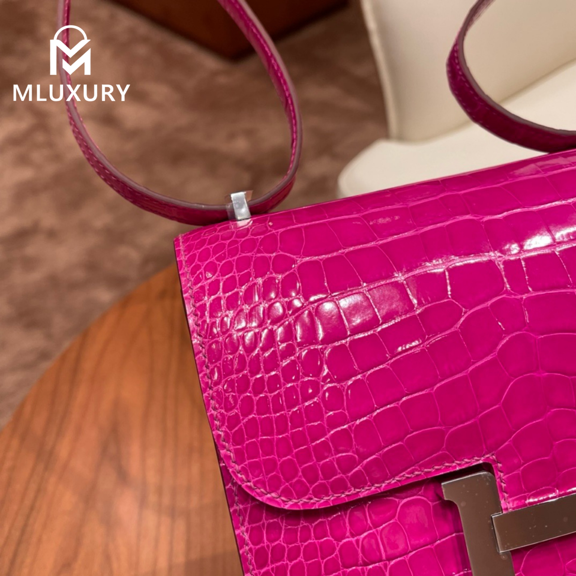 Hermès Constance 19, glossy Alligator logo, J5 Arabian Nights Purple, silver hardware