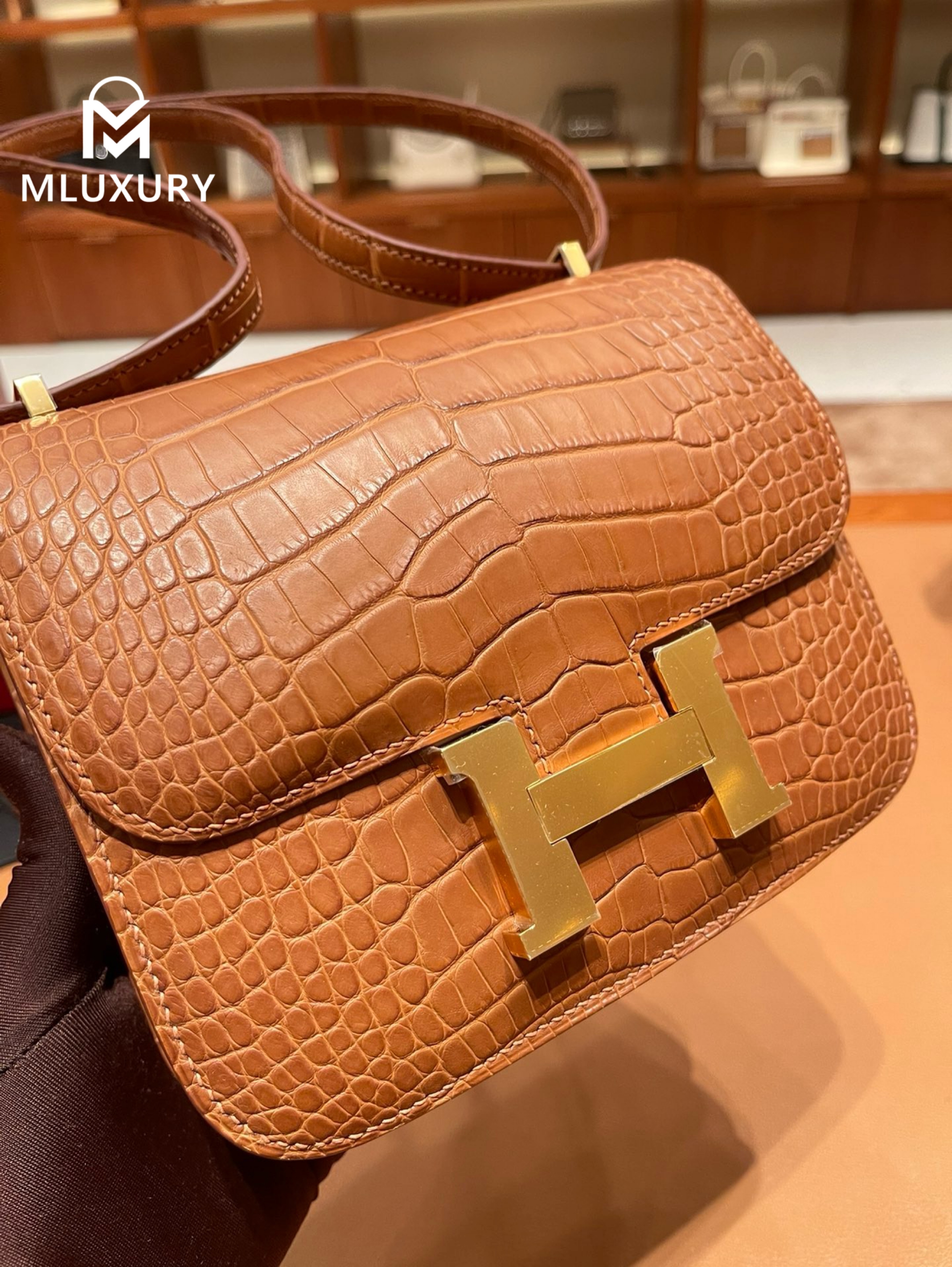 Hermès Constance 19, Matte Alligator 37, Golden brown, Gold hardware
