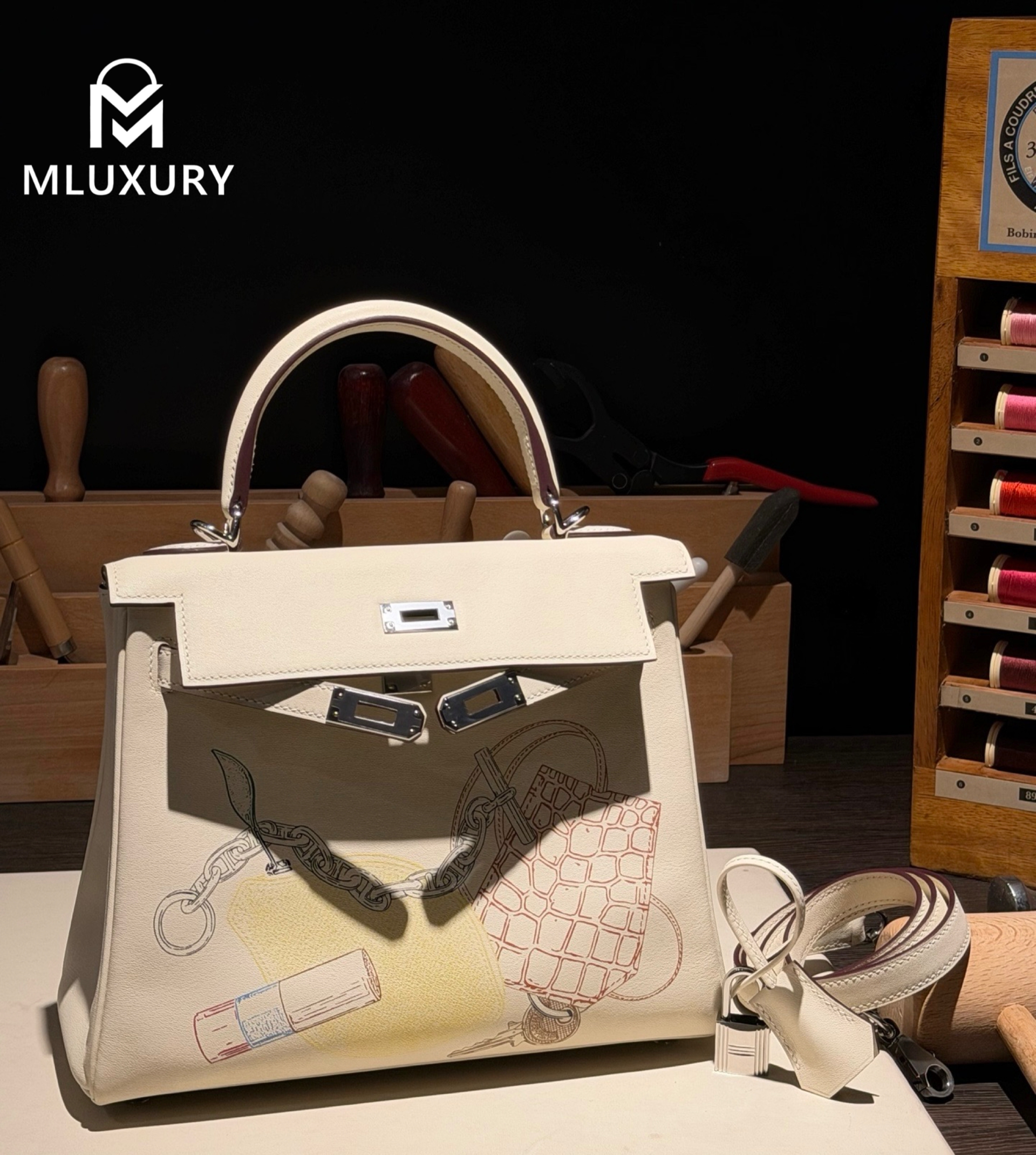 Hermès Kelly 25, Inner seam, Limited edition in-and-out painted design, Cream white, Silver hardware
