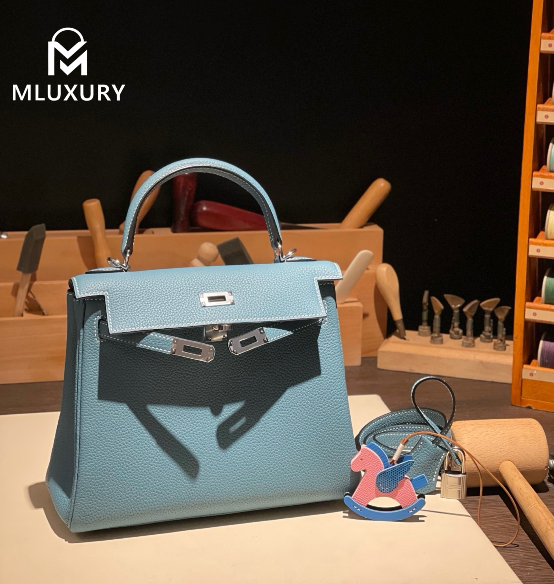 Hermès Kelly 25, Togo leather with inner stitching, Denim blue, Silver hardware