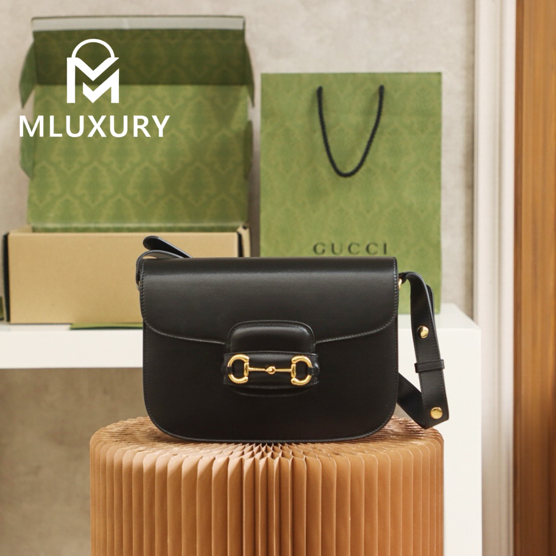 GUCCI Horsebit 1955 Saddle Bag, Authentic Leather, Black