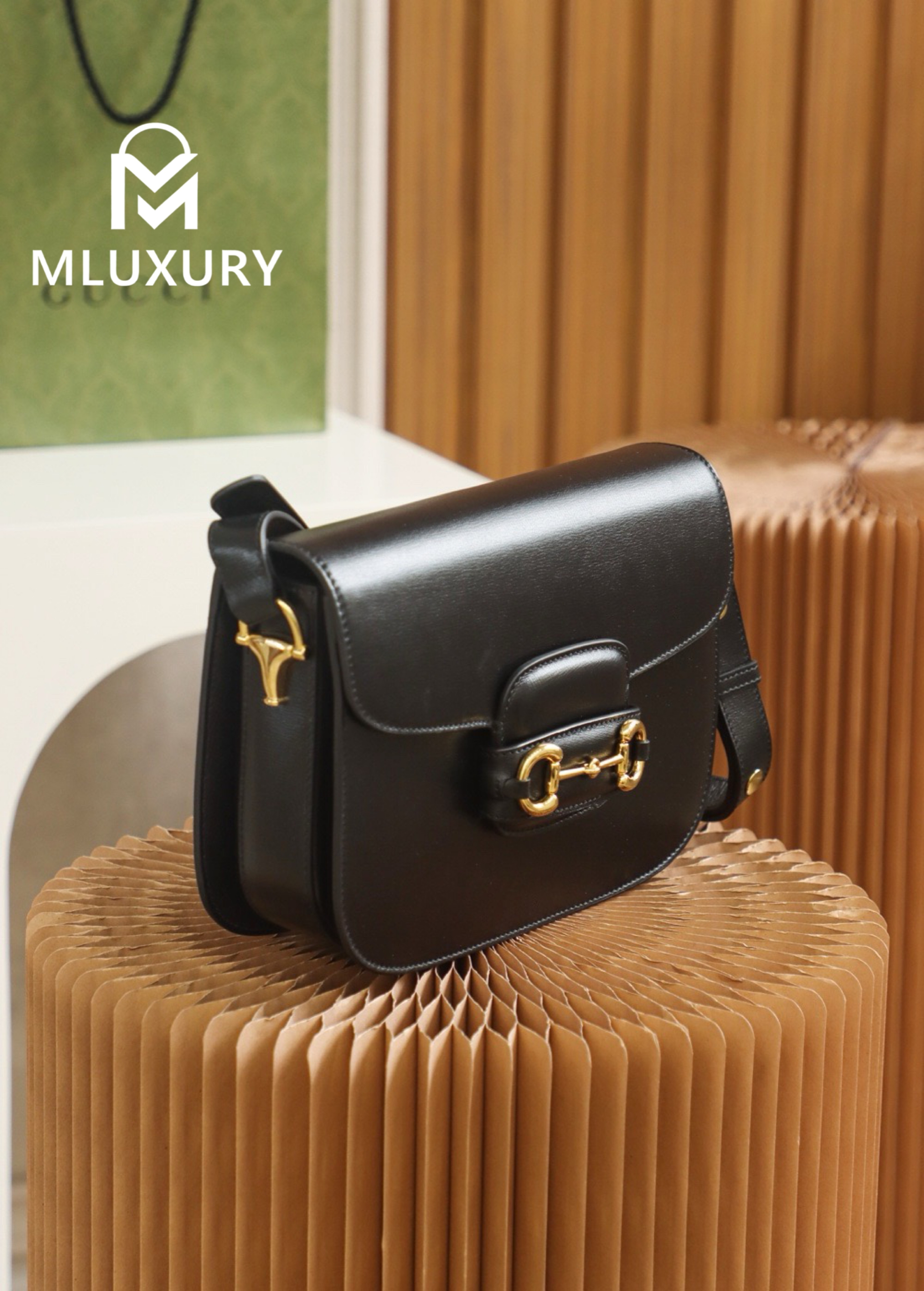 GUCCI Horsebit 1955 Saddle Bag, Authentic Leather, Black