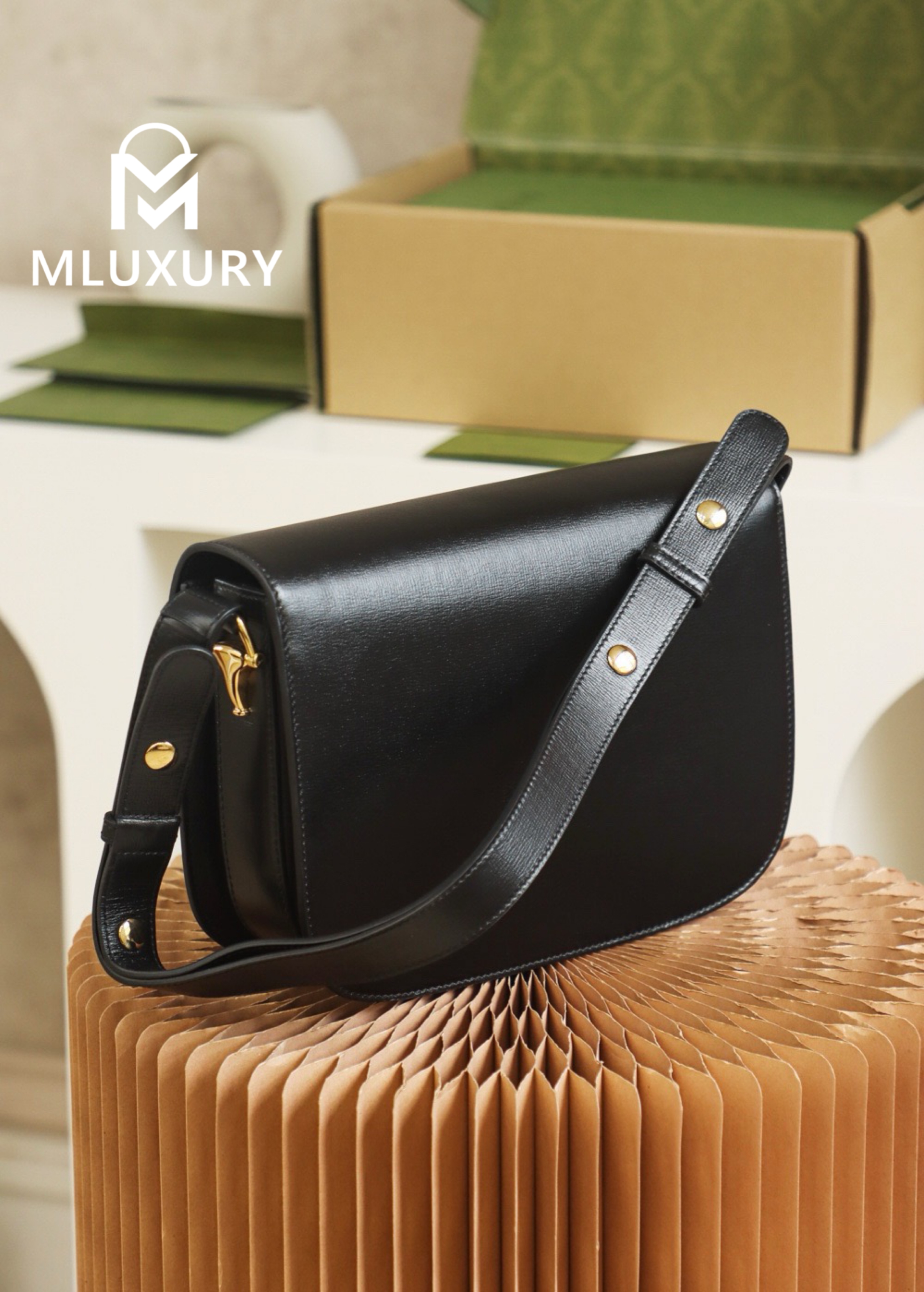 GUCCI Horsebit 1955 Saddle Bag, Authentic Leather, Black