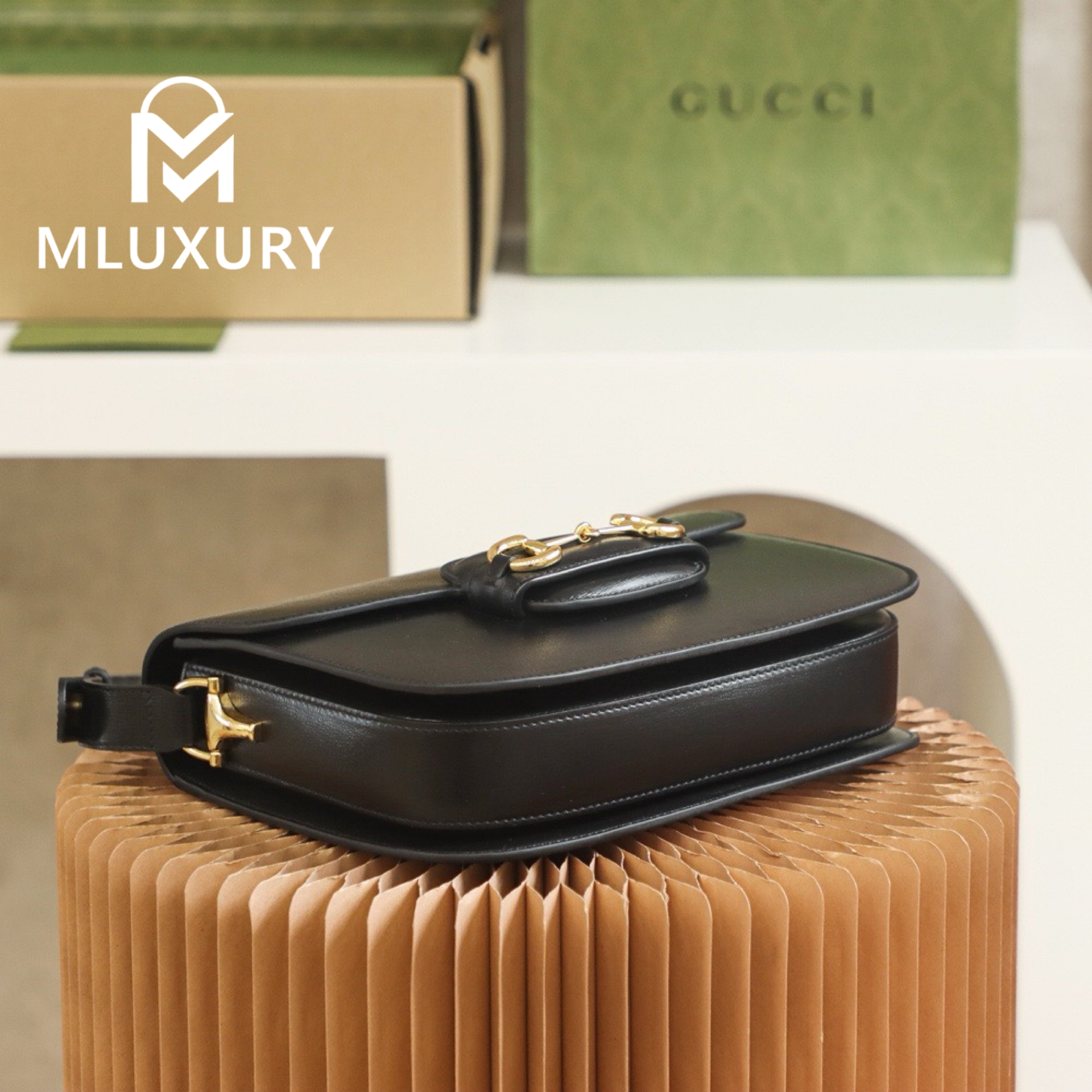 GUCCI Horsebit 1955 Saddle Bag, Authentic Leather, Black