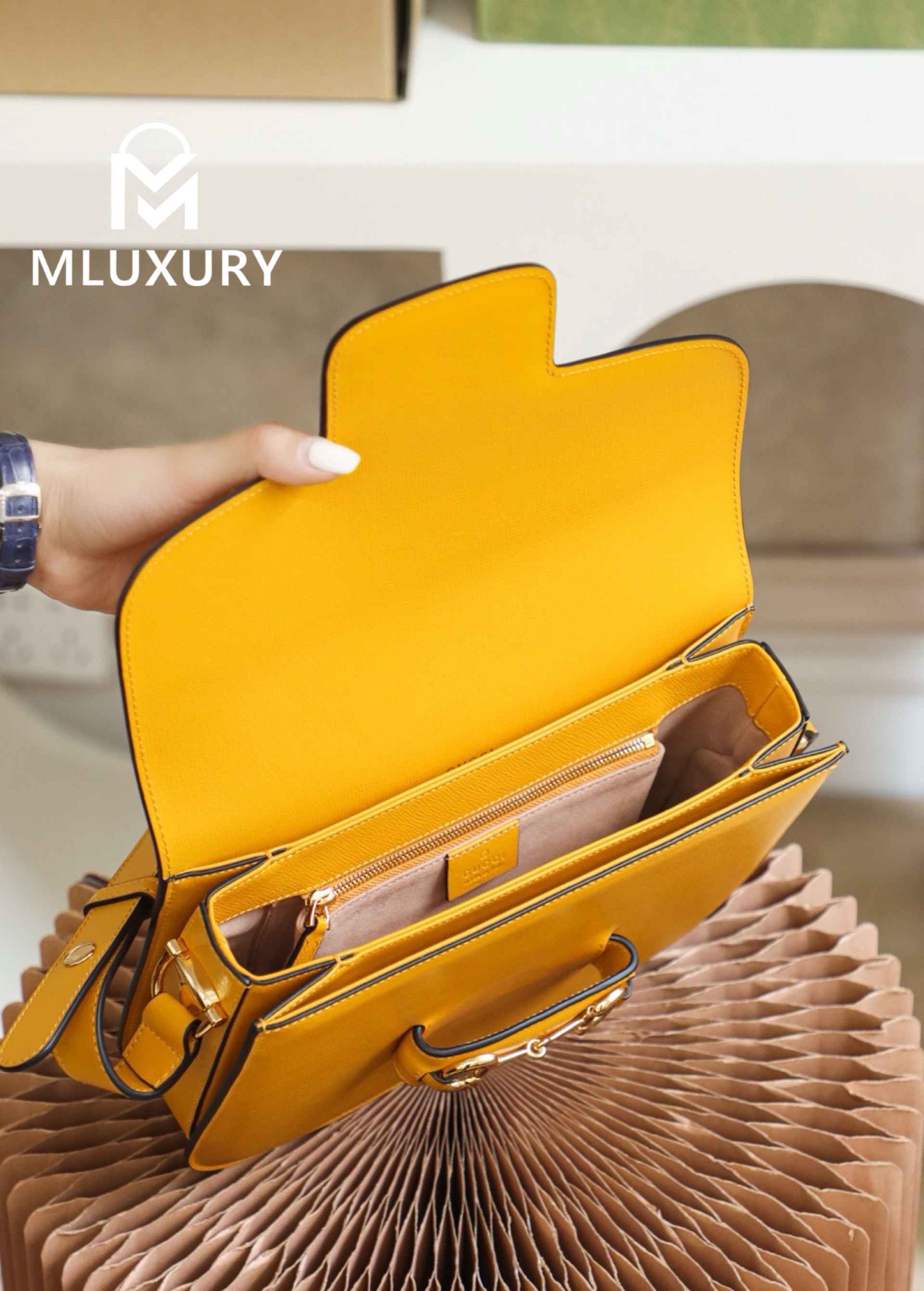 GUCCI Horsebit 1955 Saddle Bag, Authentic Leather, Yellow
