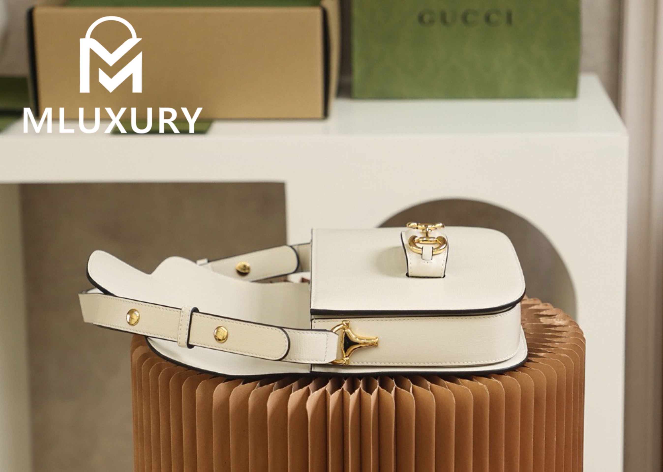 GUCCI Horsebit 1955 Saddle Bag, Authentic Leather, White