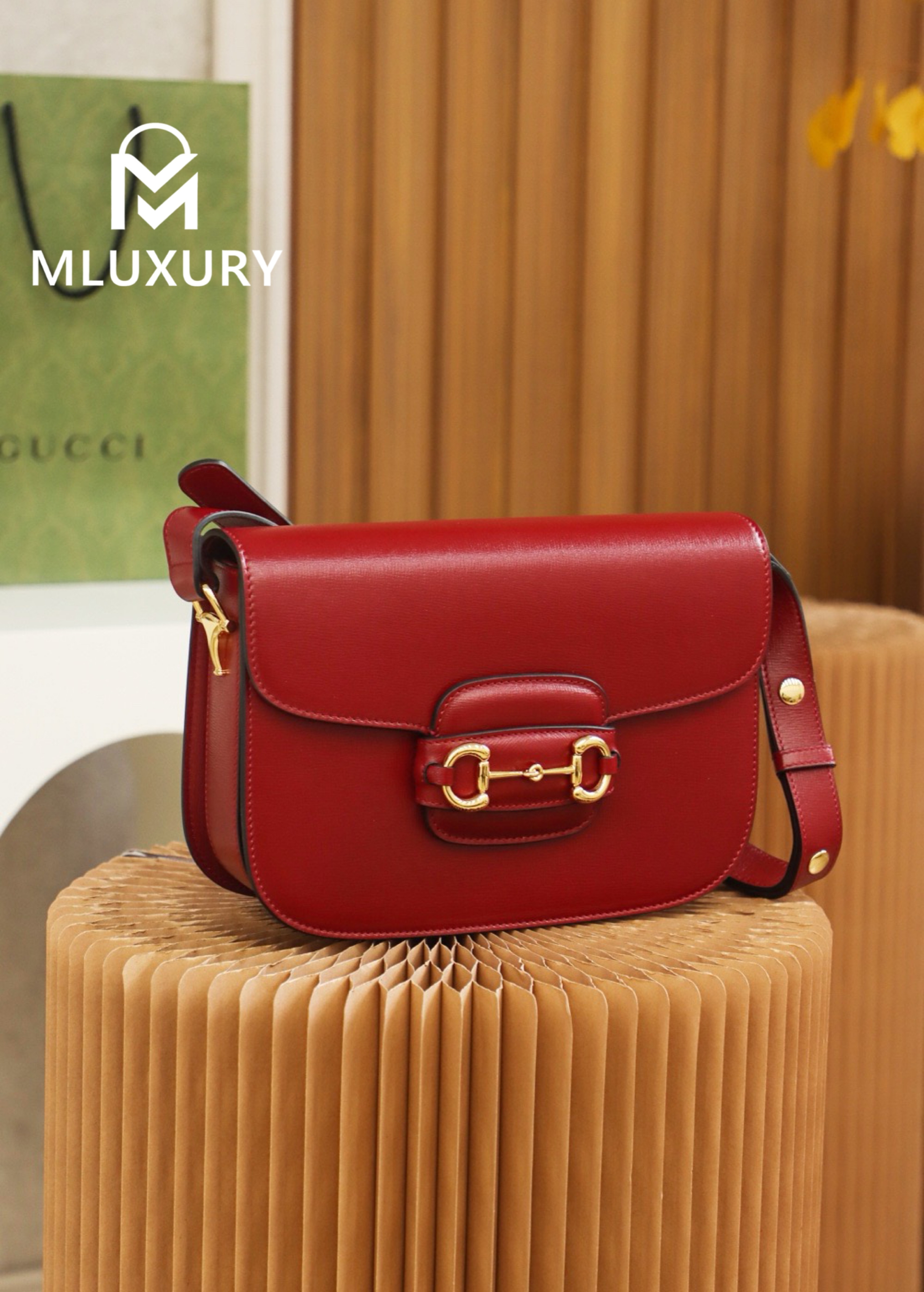 GUCCI Horsebit 1955 Saddle Bag, Authentic Leather, Red