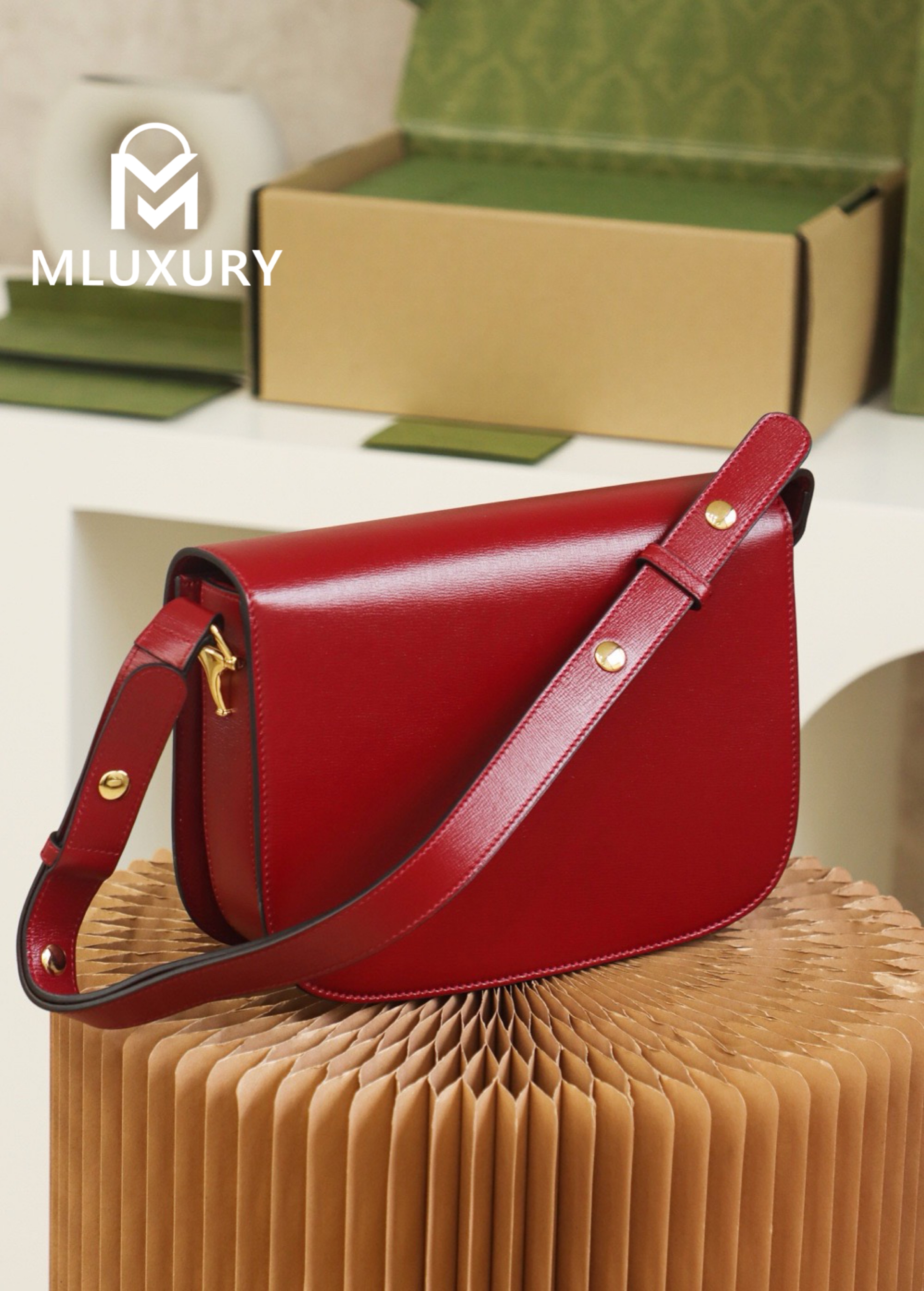 GUCCI Horsebit 1955 Saddle Bag, Authentic Leather, Red
