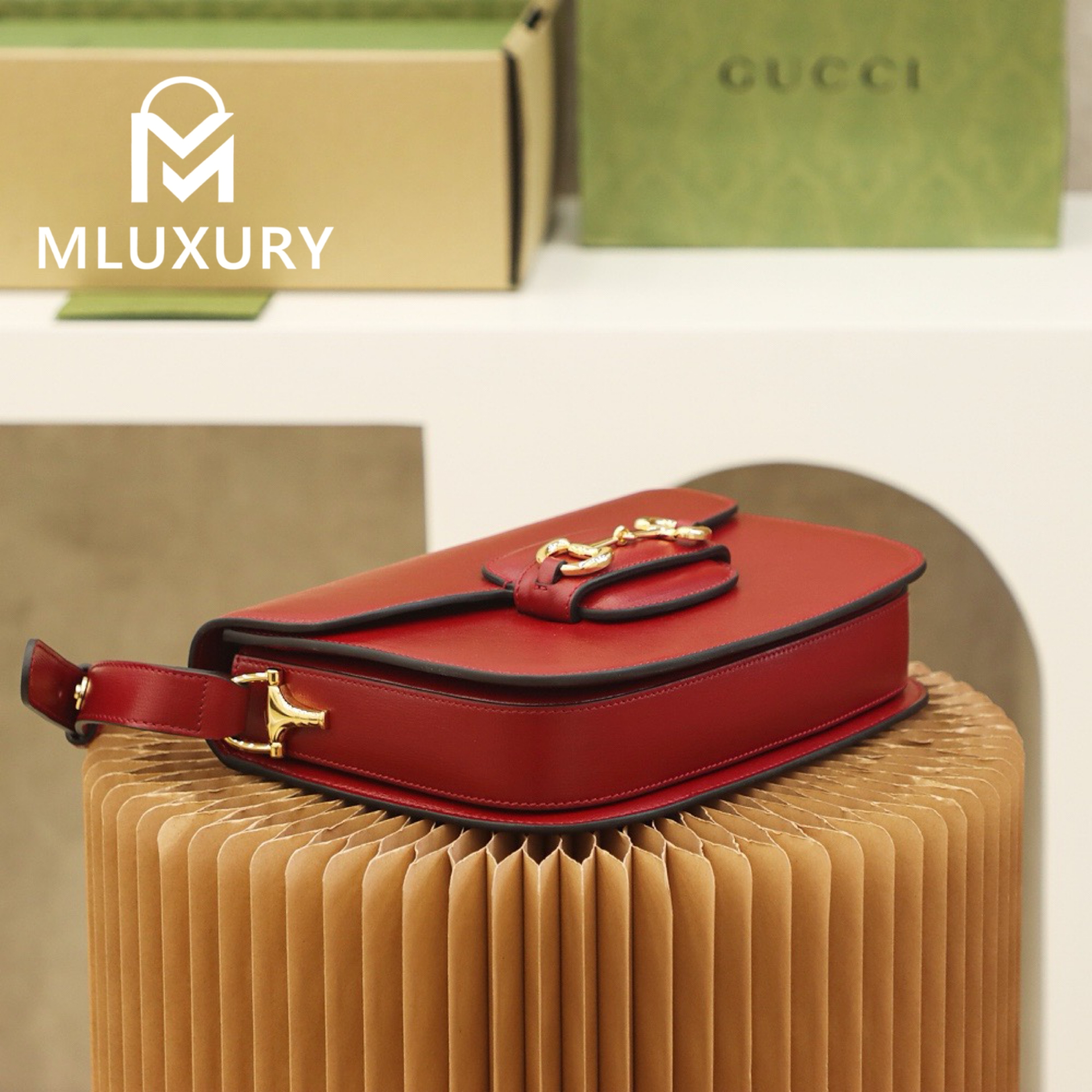 GUCCI Horsebit 1955 Saddle Bag, Authentic Leather, Red
