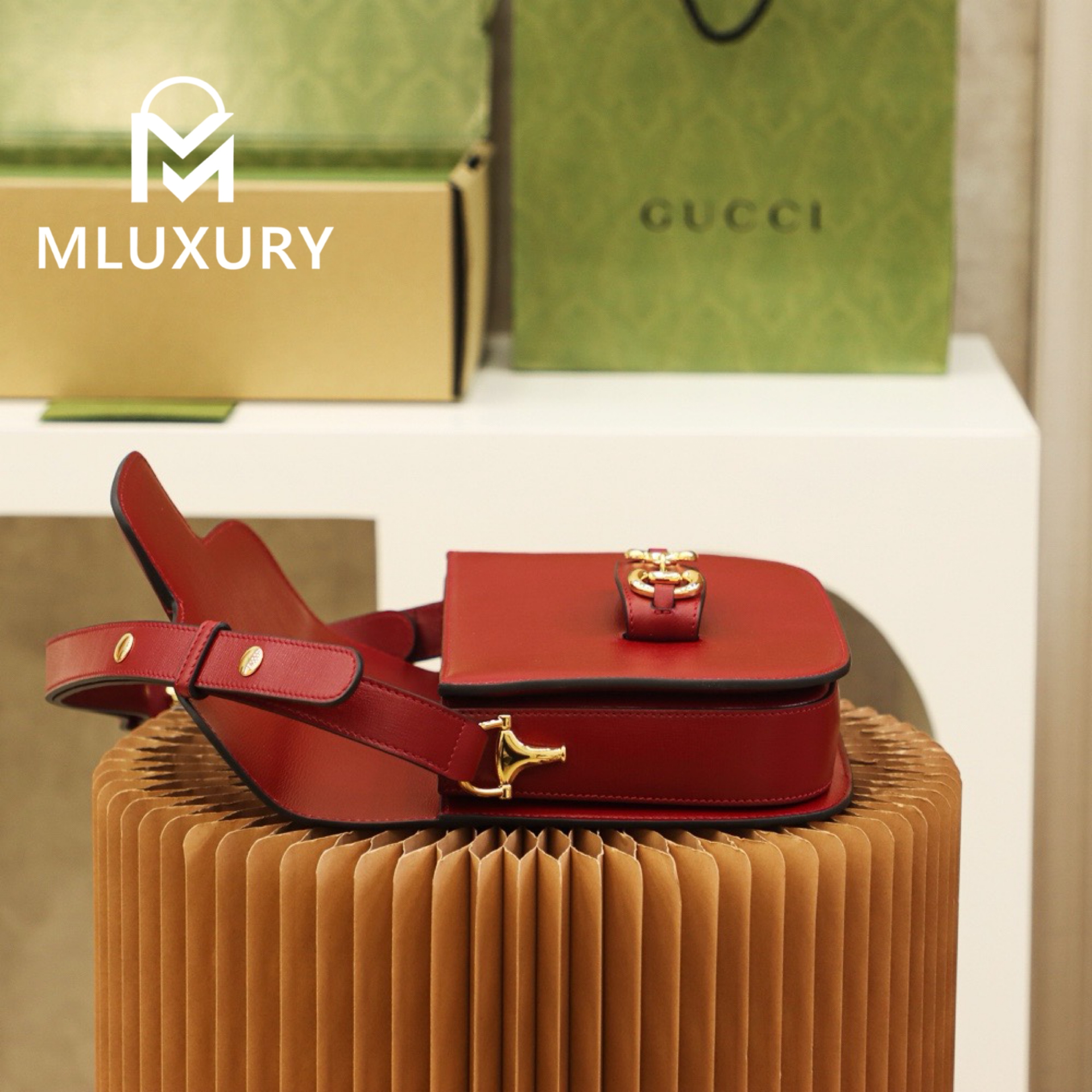 GUCCI Horsebit 1955 Saddle Bag, Authentic Leather, Red