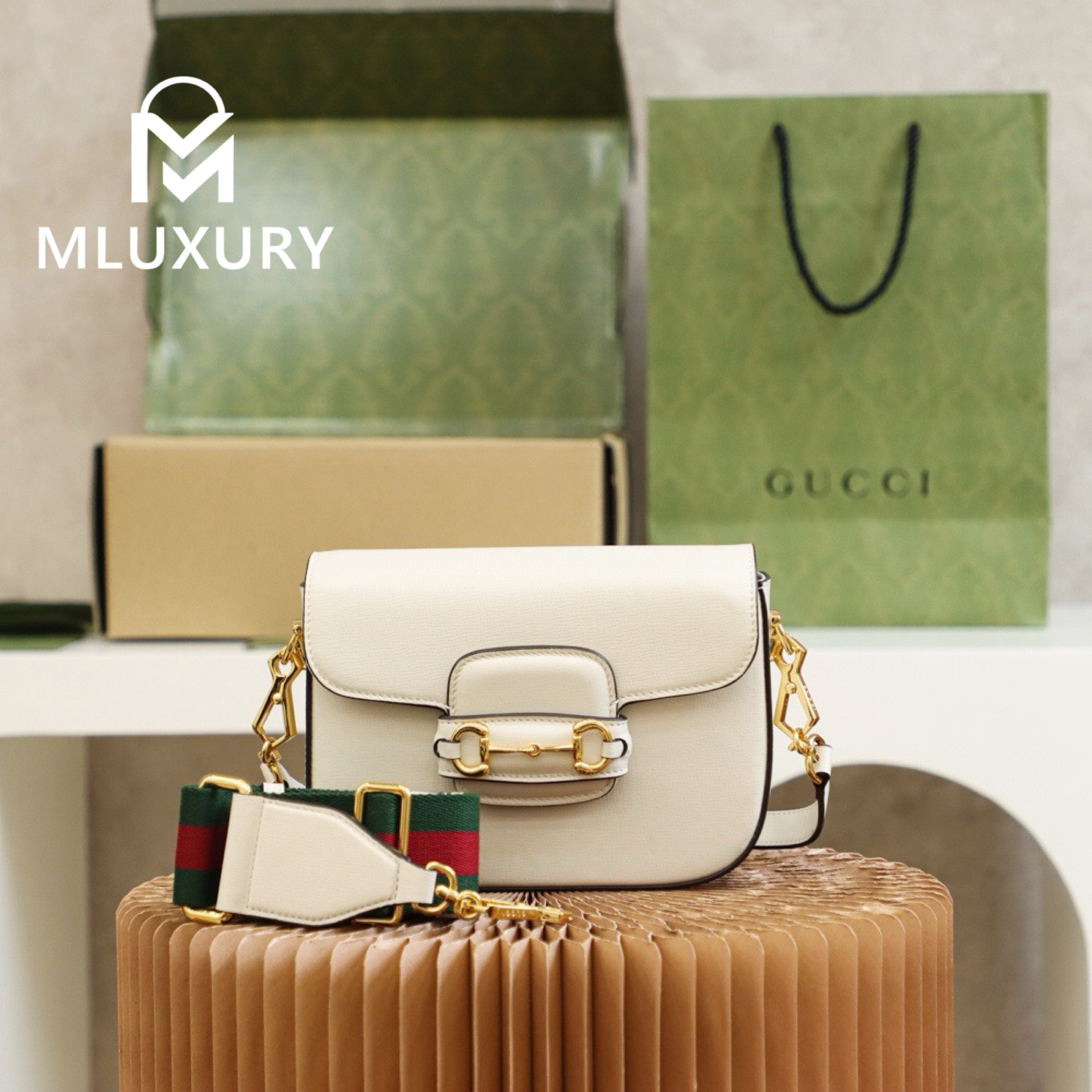 GUCCI Horsebit 1955 Mini Saddle Bag, Authentic Leather, White