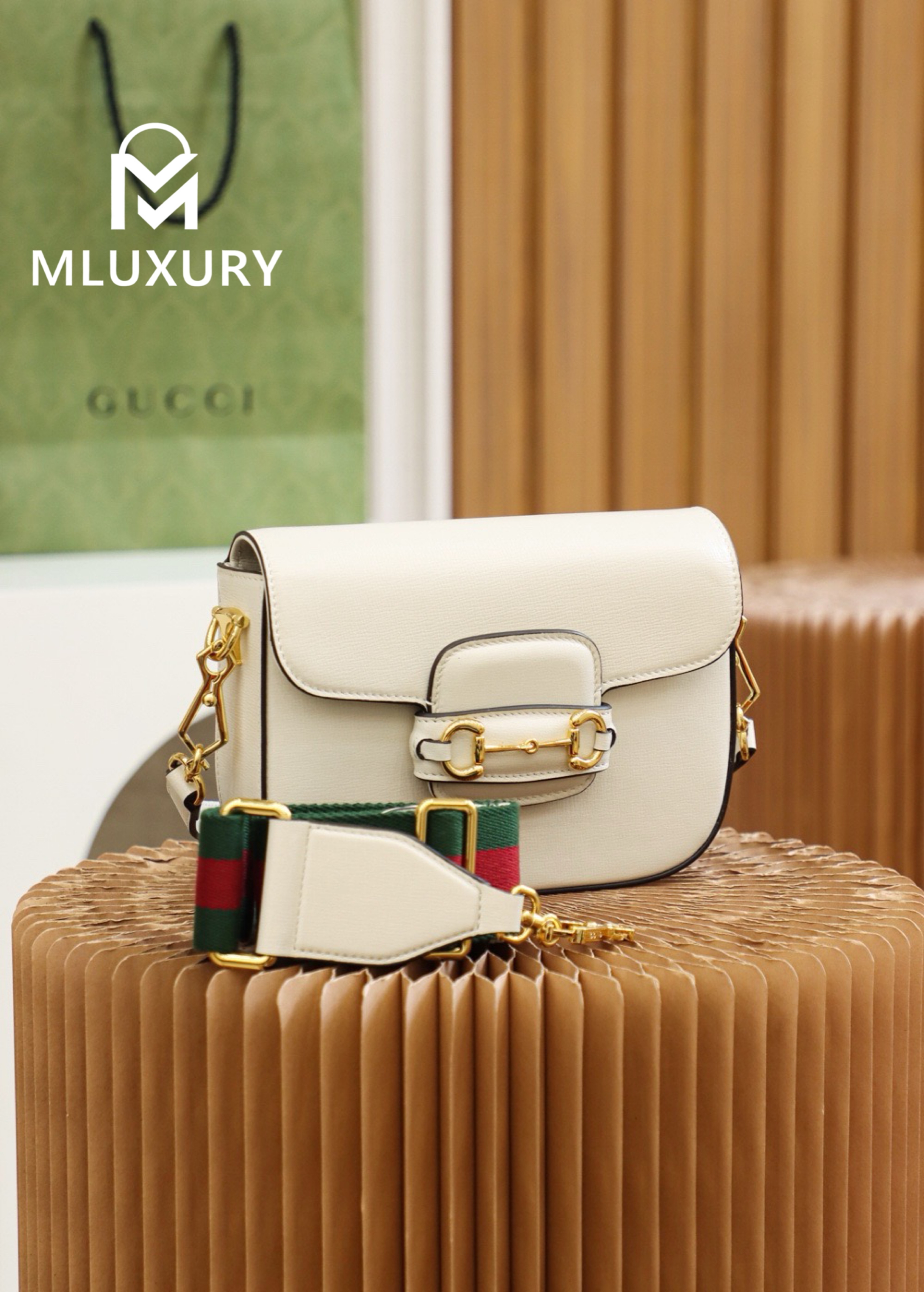 GUCCI Horsebit 1955 Mini Saddle Bag, Authentic Leather, White