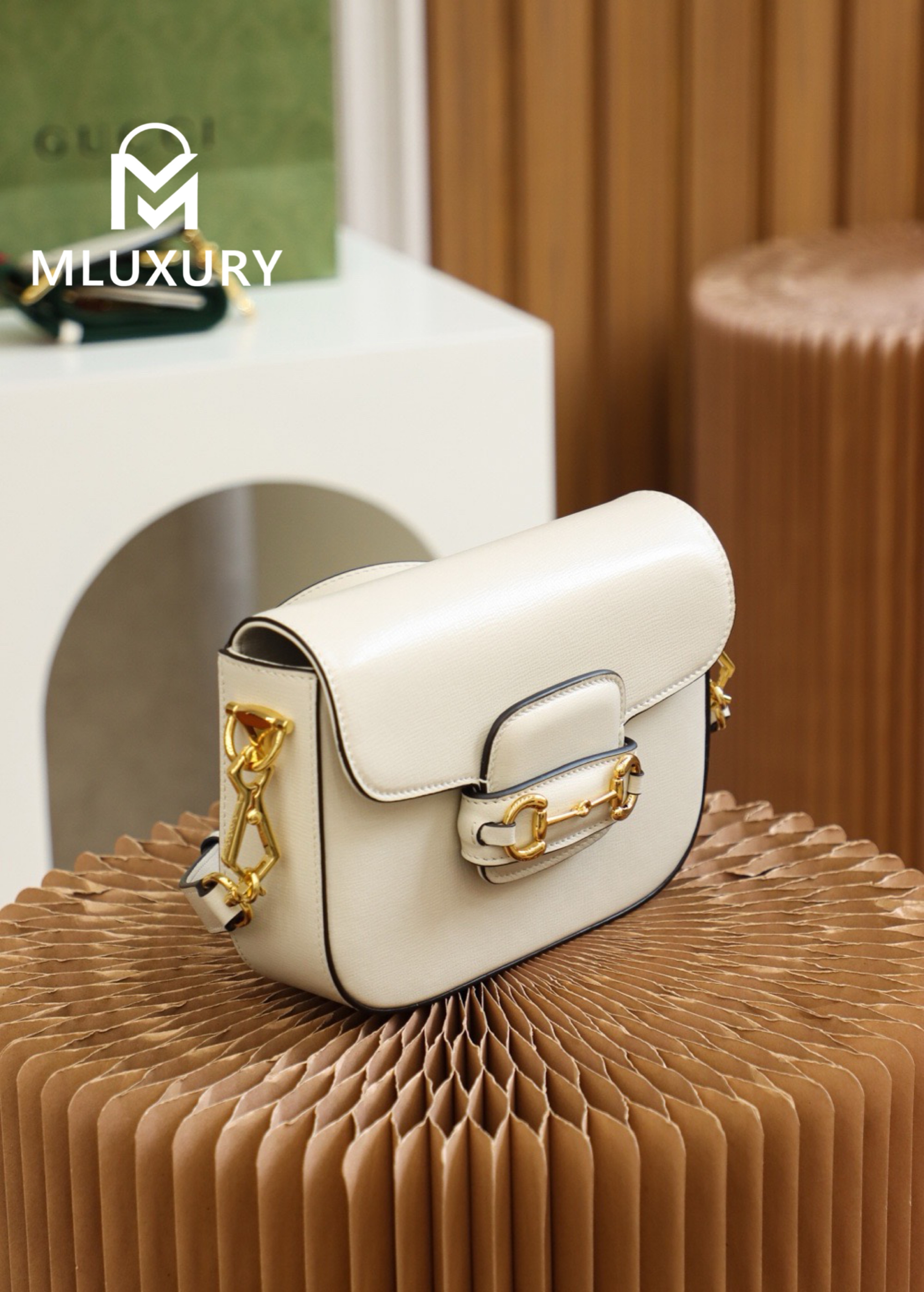 GUCCI Horsebit 1955 Mini Saddle Bag, Authentic Leather, White