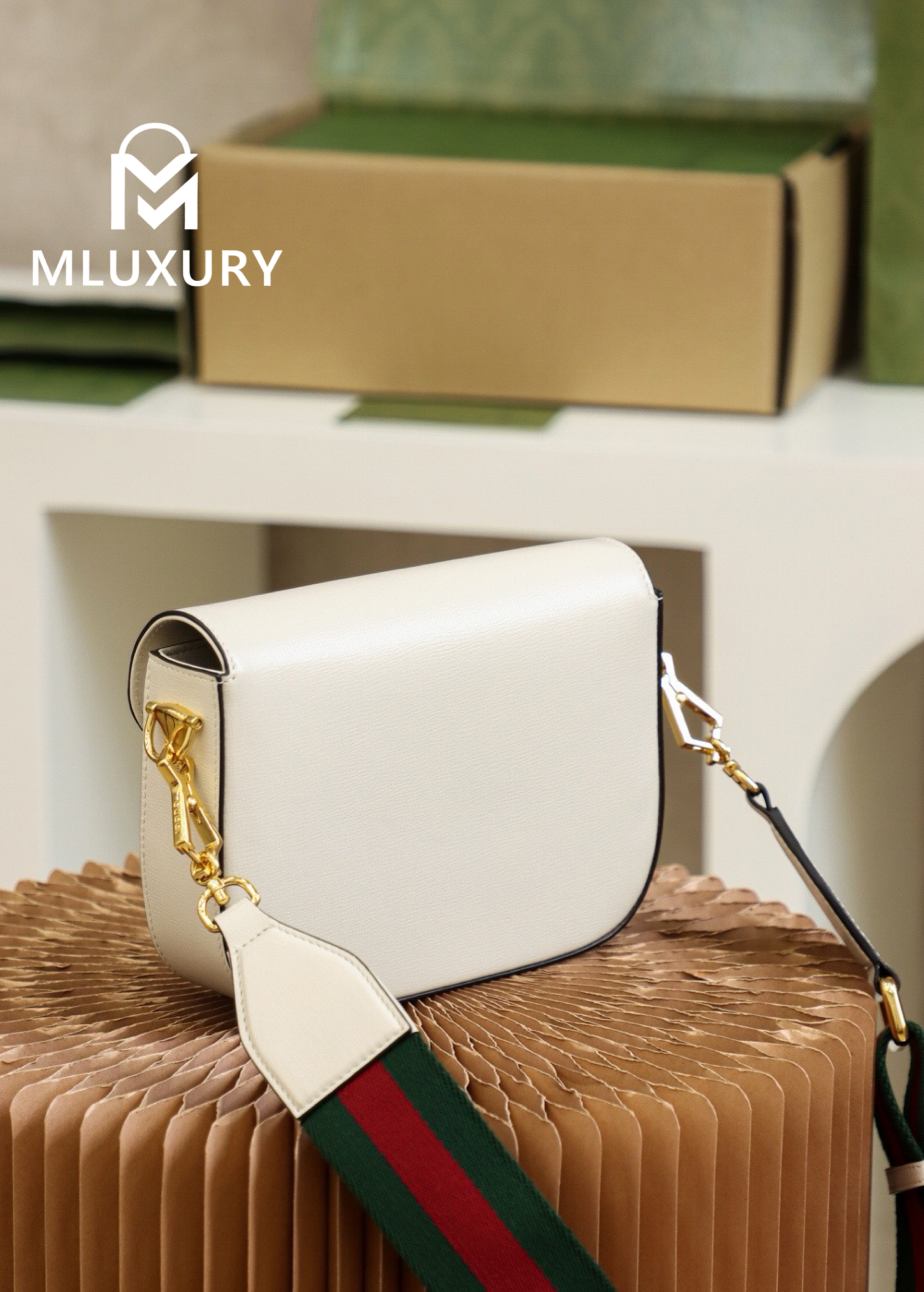 GUCCI Horsebit 1955 Mini Saddle Bag, Authentic Leather, White