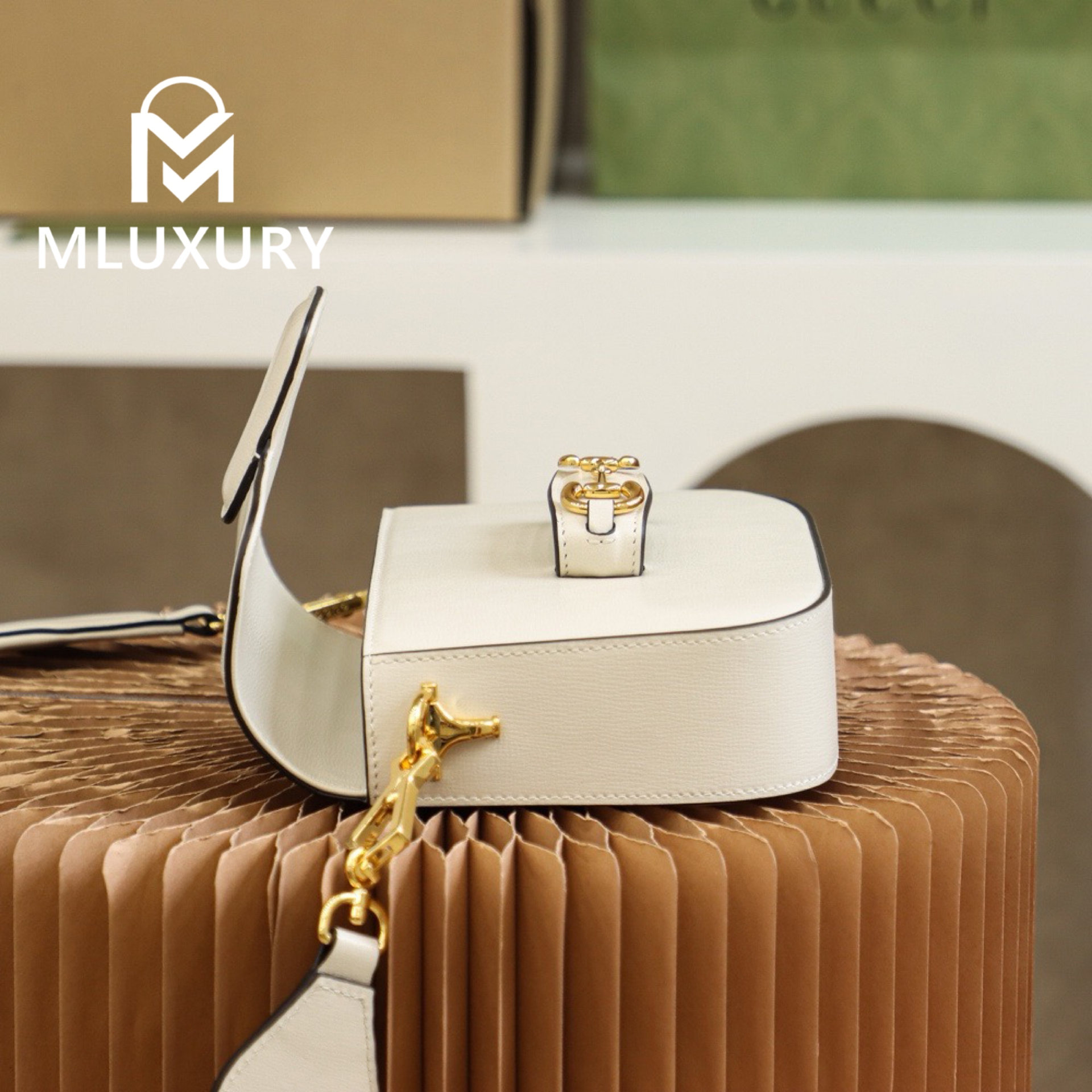GUCCI Horsebit 1955 Mini Saddle Bag, Authentic Leather, White