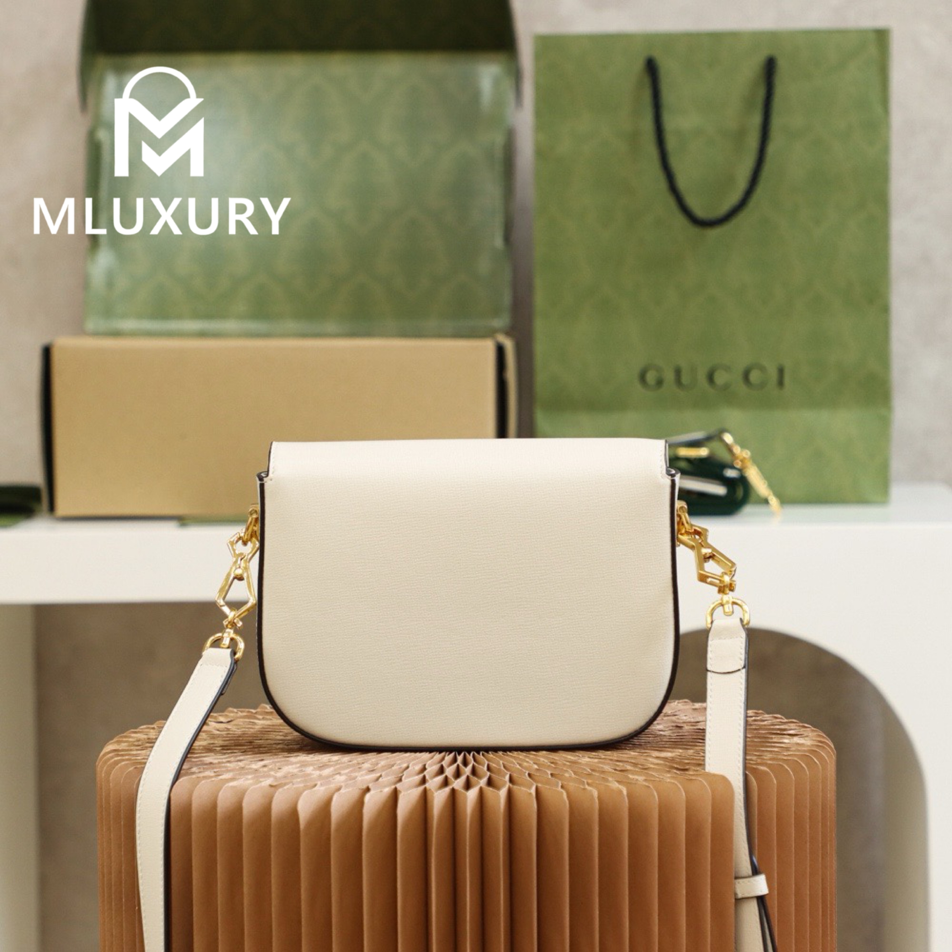 GUCCI Horsebit 1955 Mini Saddle Bag, Authentic Leather, White