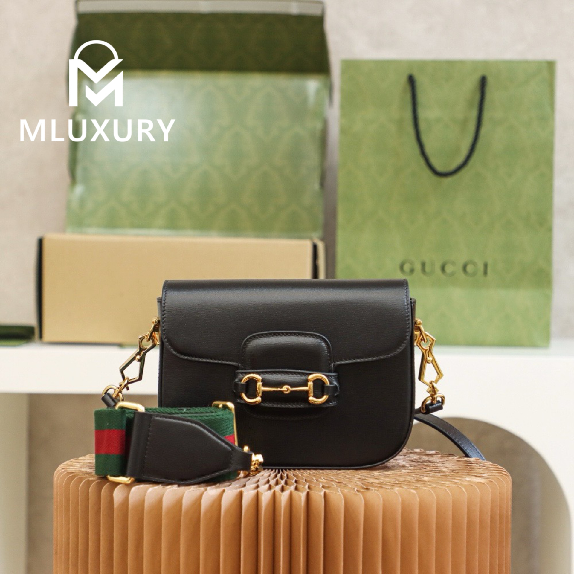 GUCCI Horsebit 1955 Mini Saddle Bag, Authentic Leather, Black