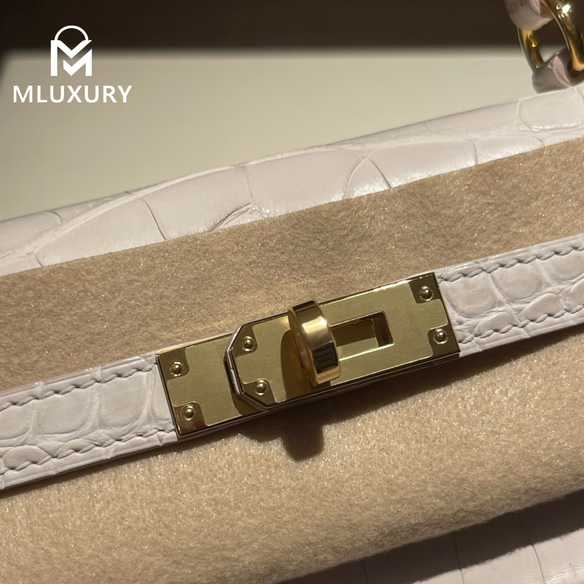 Hermès Kelly 25, interior stitching, matte crocodile leather, 8L glacier white, gold hardware