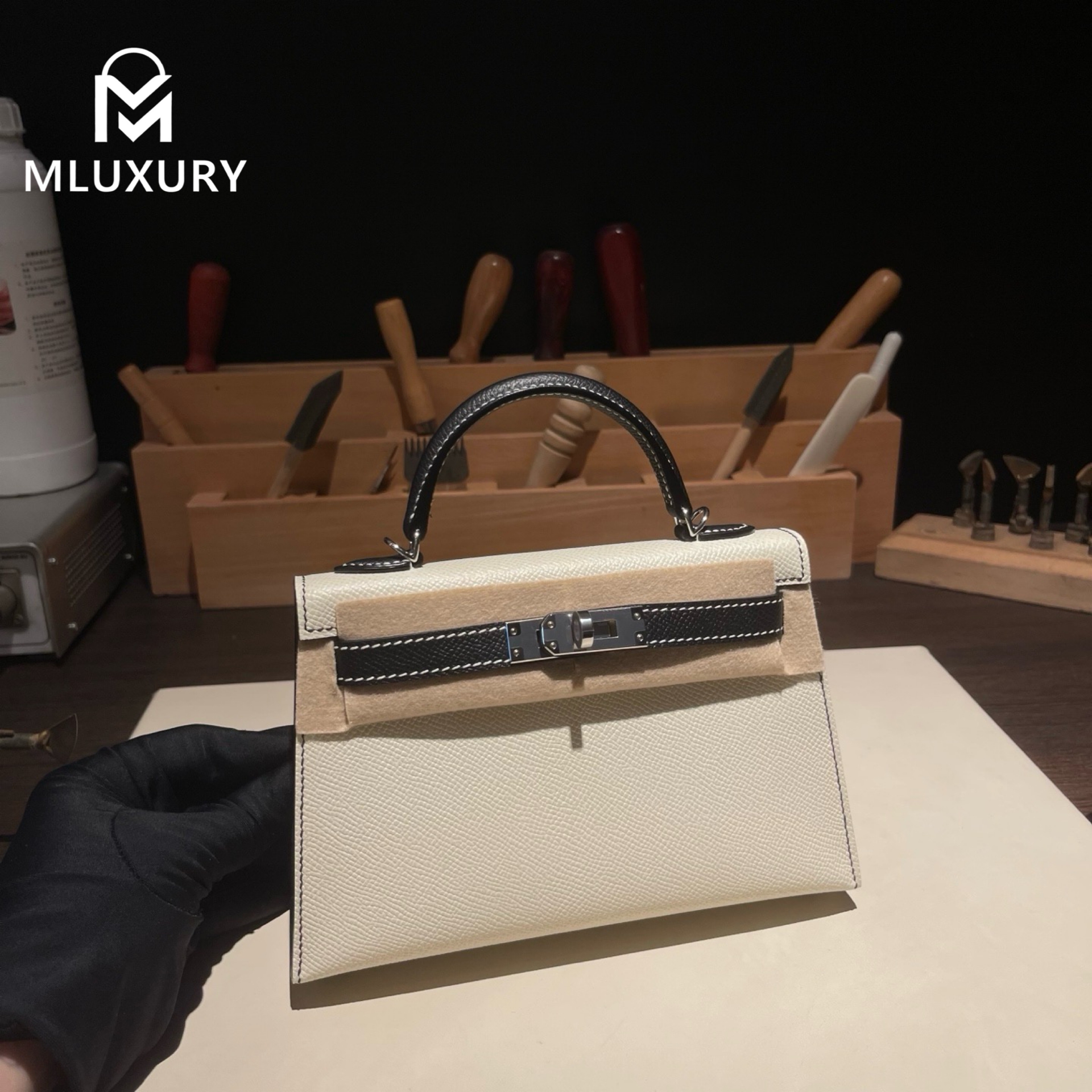 Hermès Mini Kelly II, Genuine Epsom leather, Milky white and black color scheme, Silver hardware