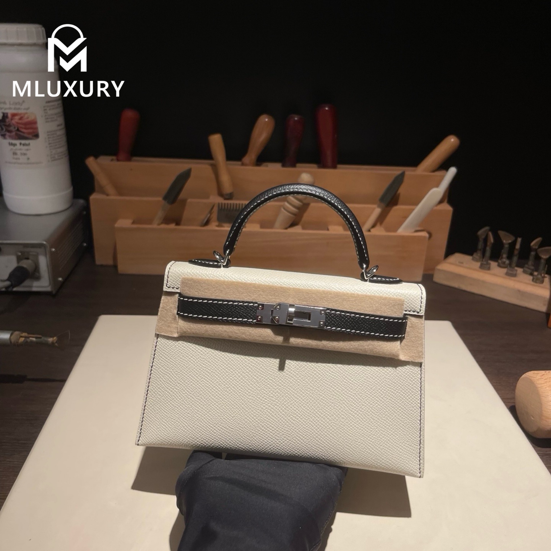 Hermès Mini Kelly II, Genuine Epsom leather, Milky white and black color scheme, Silver hardware