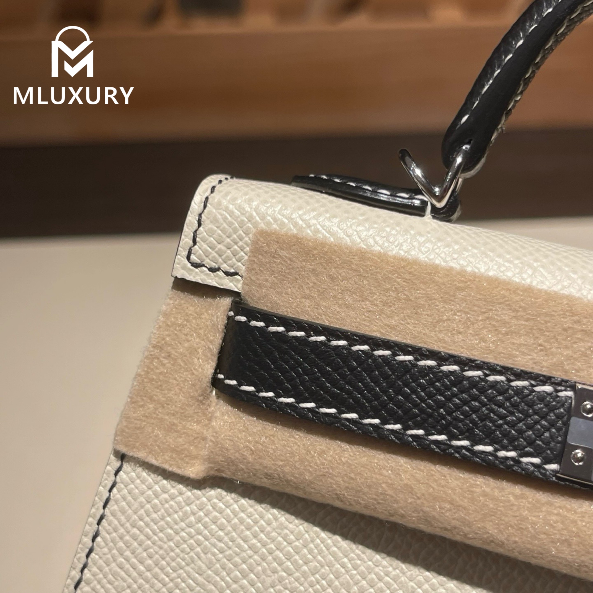 Hermès Mini Kelly II, Genuine Epsom leather, Milky white and black color scheme, Silver hardware