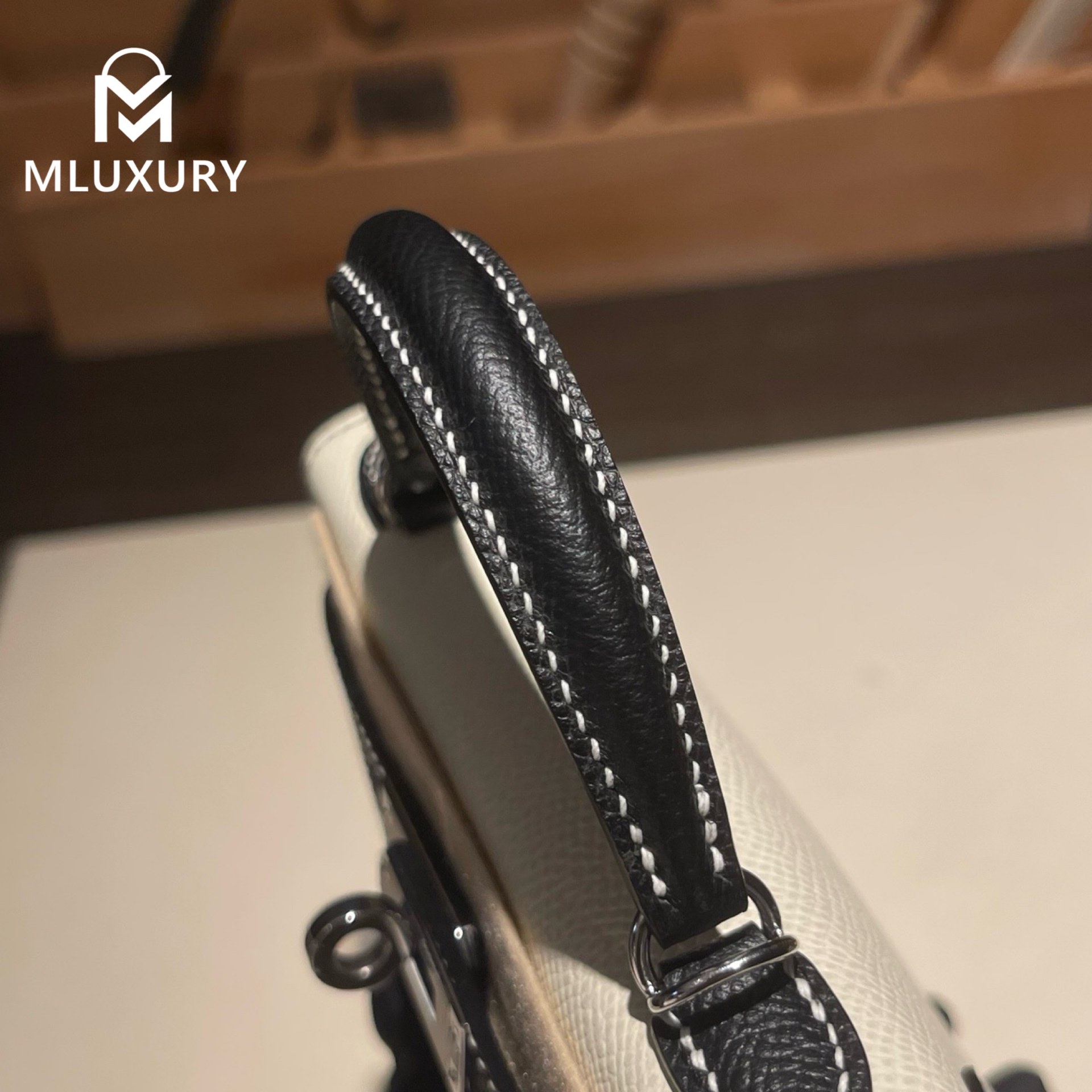 Hermès Mini Kelly II, Genuine Epsom leather, Milky white and black color scheme, Silver hardware