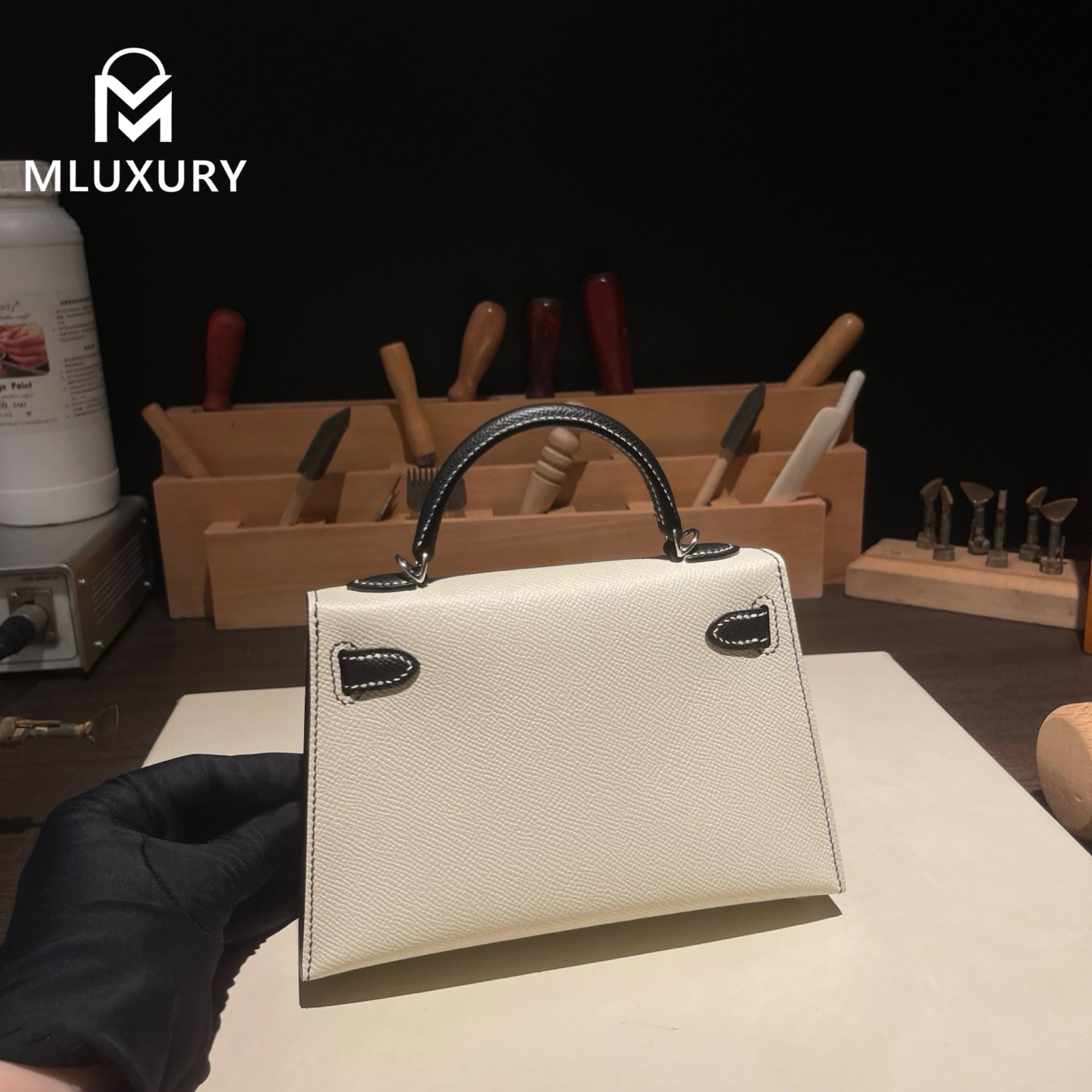 Hermès Mini Kelly II, Genuine Epsom leather, Milky white and black color scheme, Silver hardware