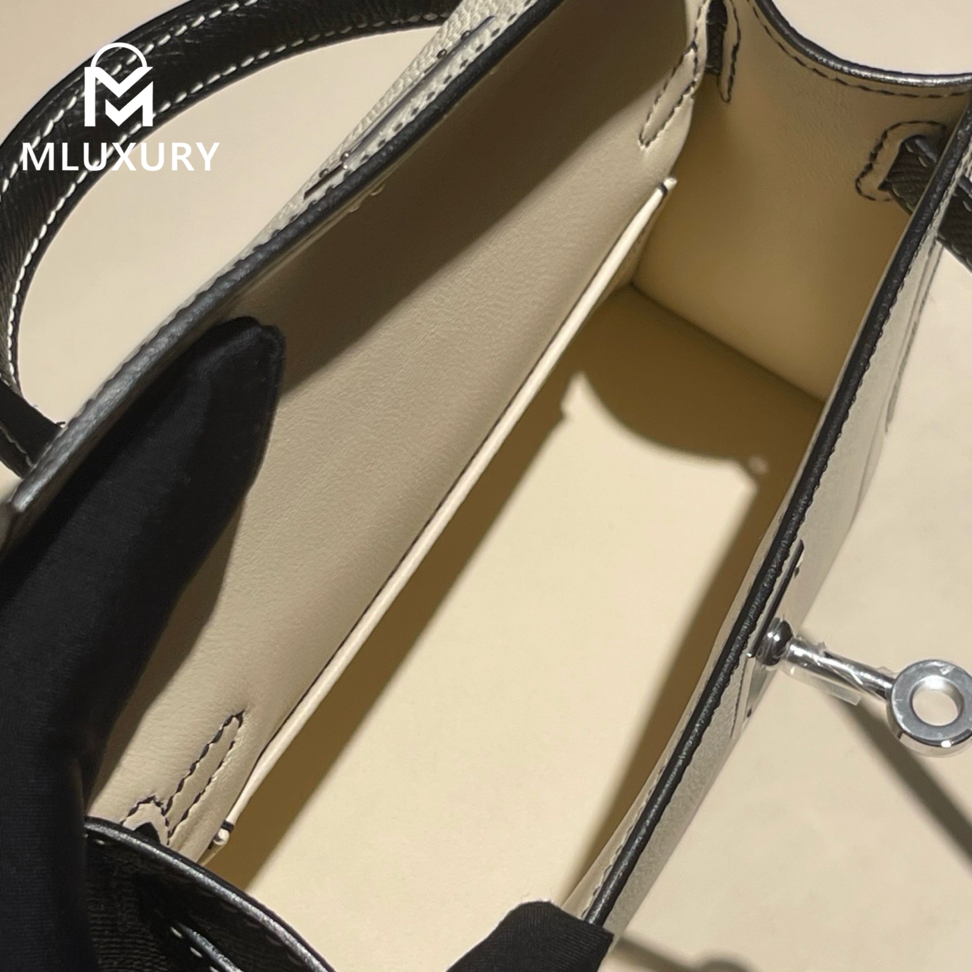 Hermès Mini Kelly II, Genuine Epsom leather, Milky white and black color scheme, Silver hardware