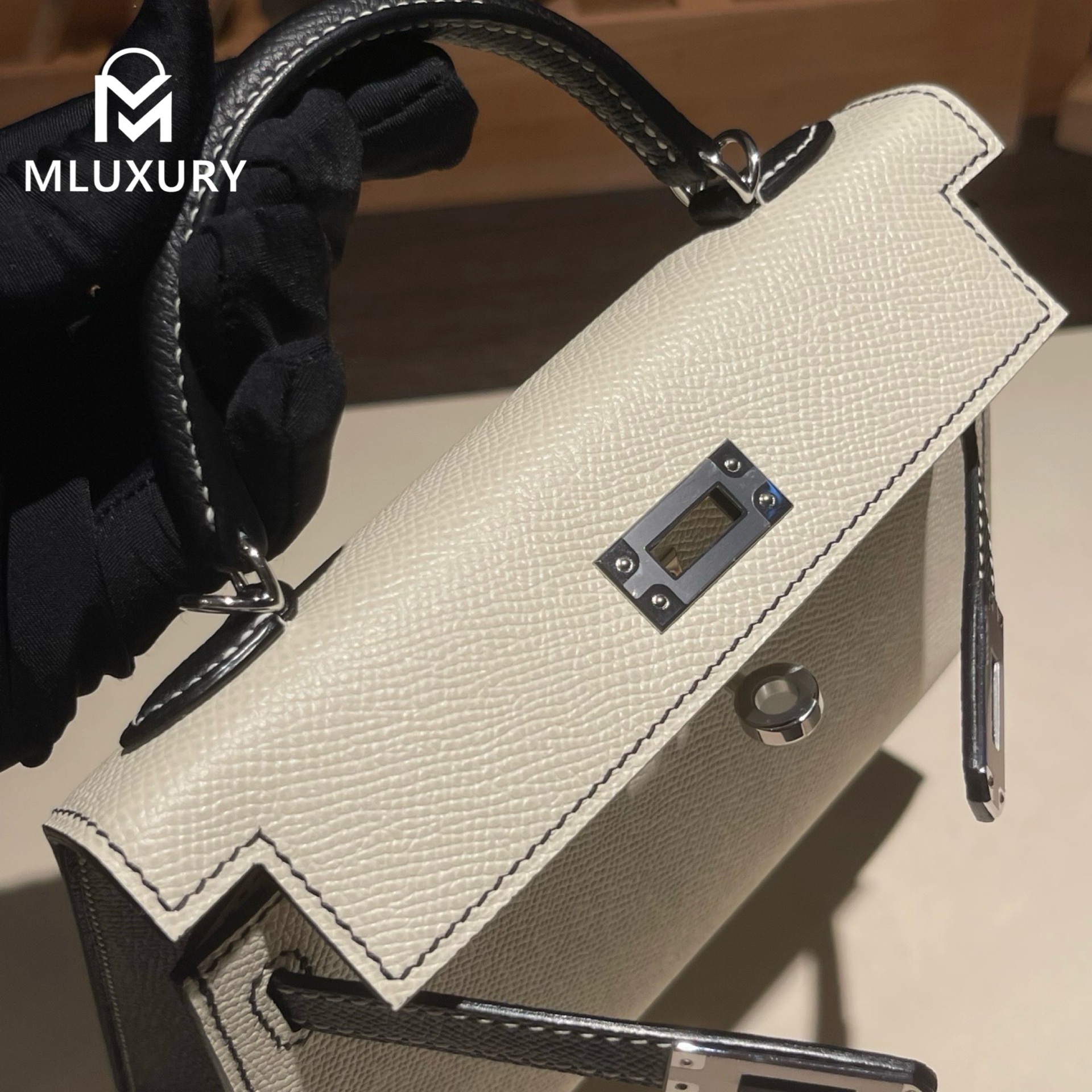 Hermès Mini Kelly II, Genuine Epsom leather, Milky white and black color scheme, Silver hardware