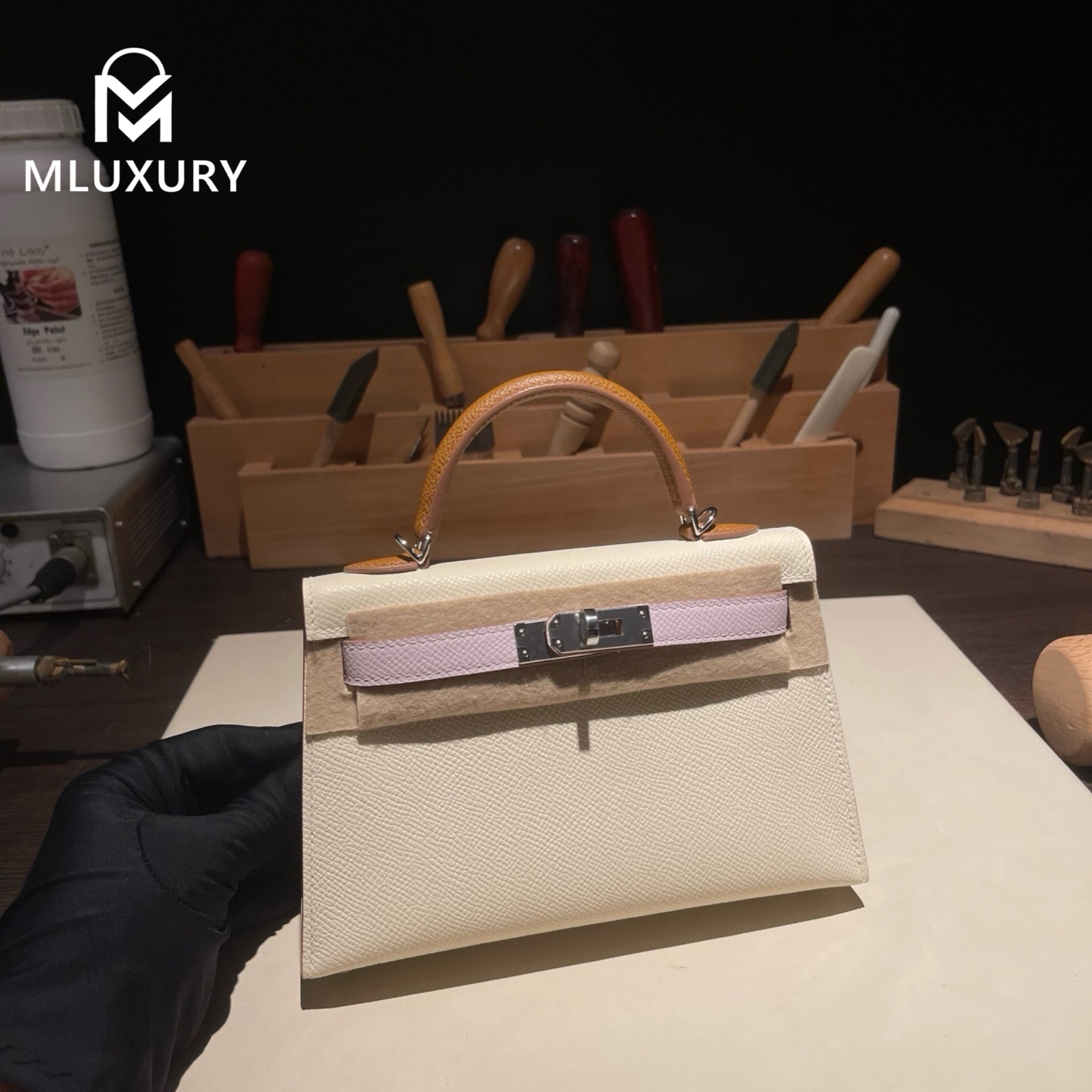 Hermès Mini Kelly II, Genuine Epsom leather, Milkshake white with dreamy pink-purple and gold-brown accents, Silver hardware