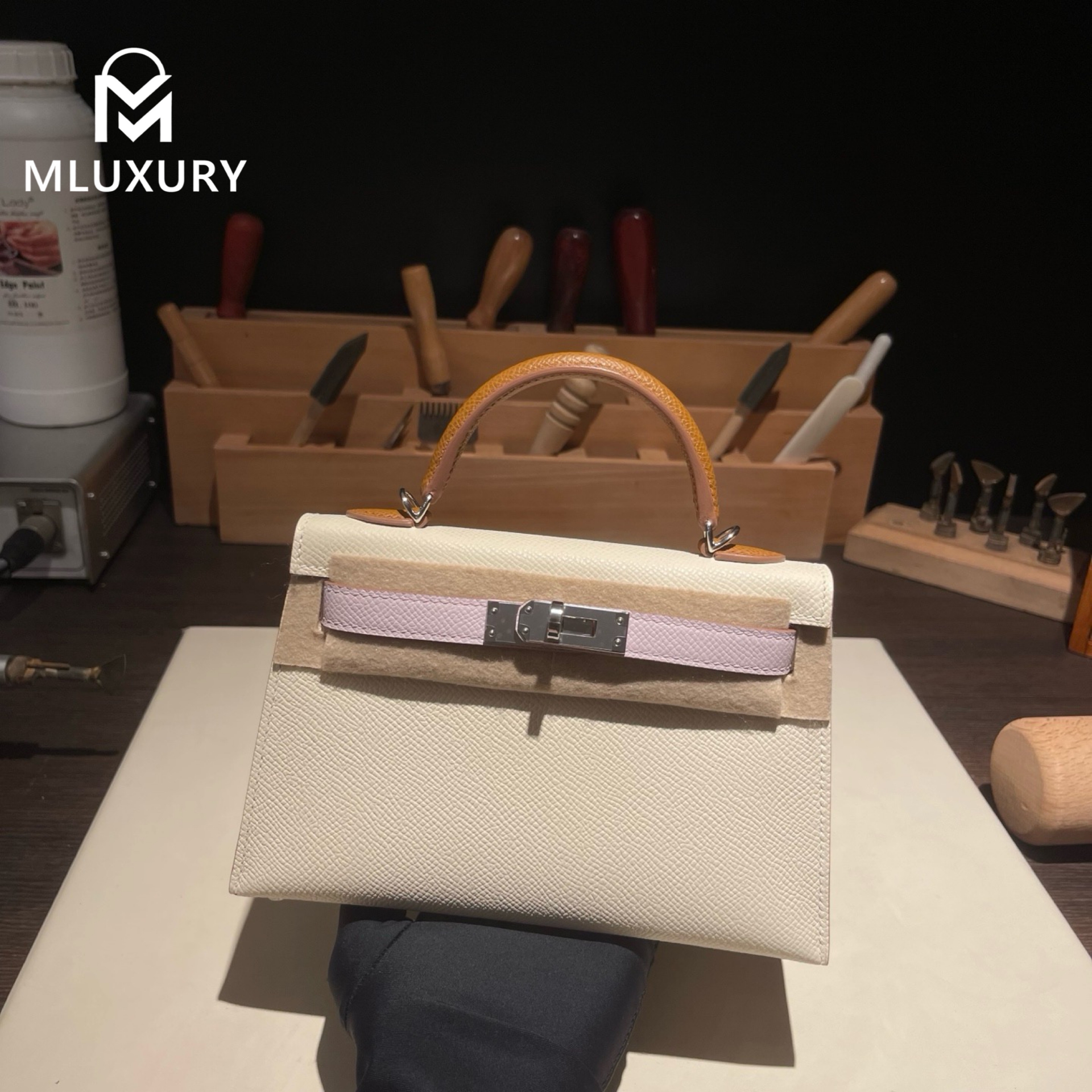 Hermès Mini Kelly II, Genuine Epsom leather, Milkshake white with dreamy pink-purple and gold-brown accents, Silver hardware