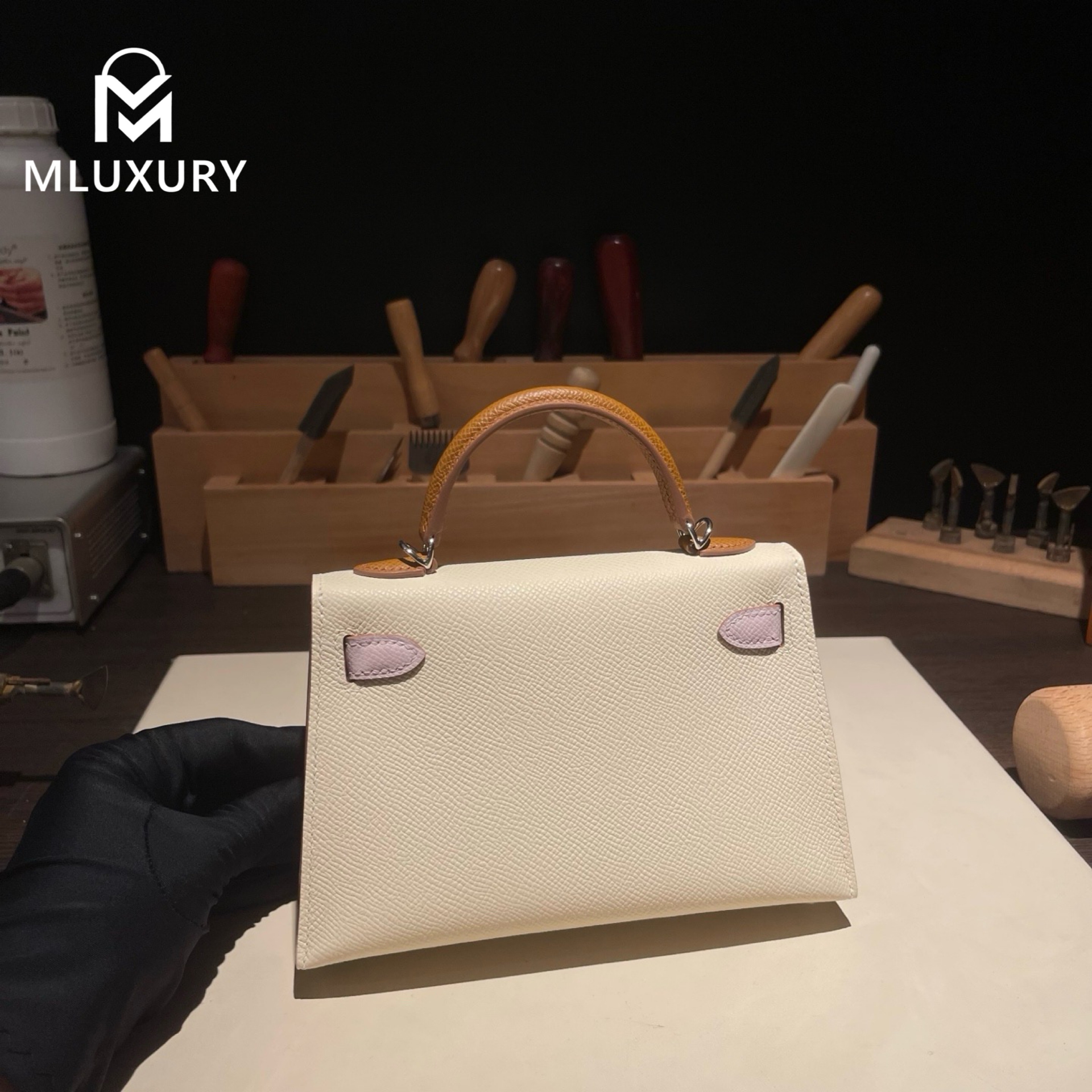 Hermès Mini Kelly II, Genuine Epsom leather, Milkshake white with dreamy pink-purple and gold-brown accents, Silver hardware