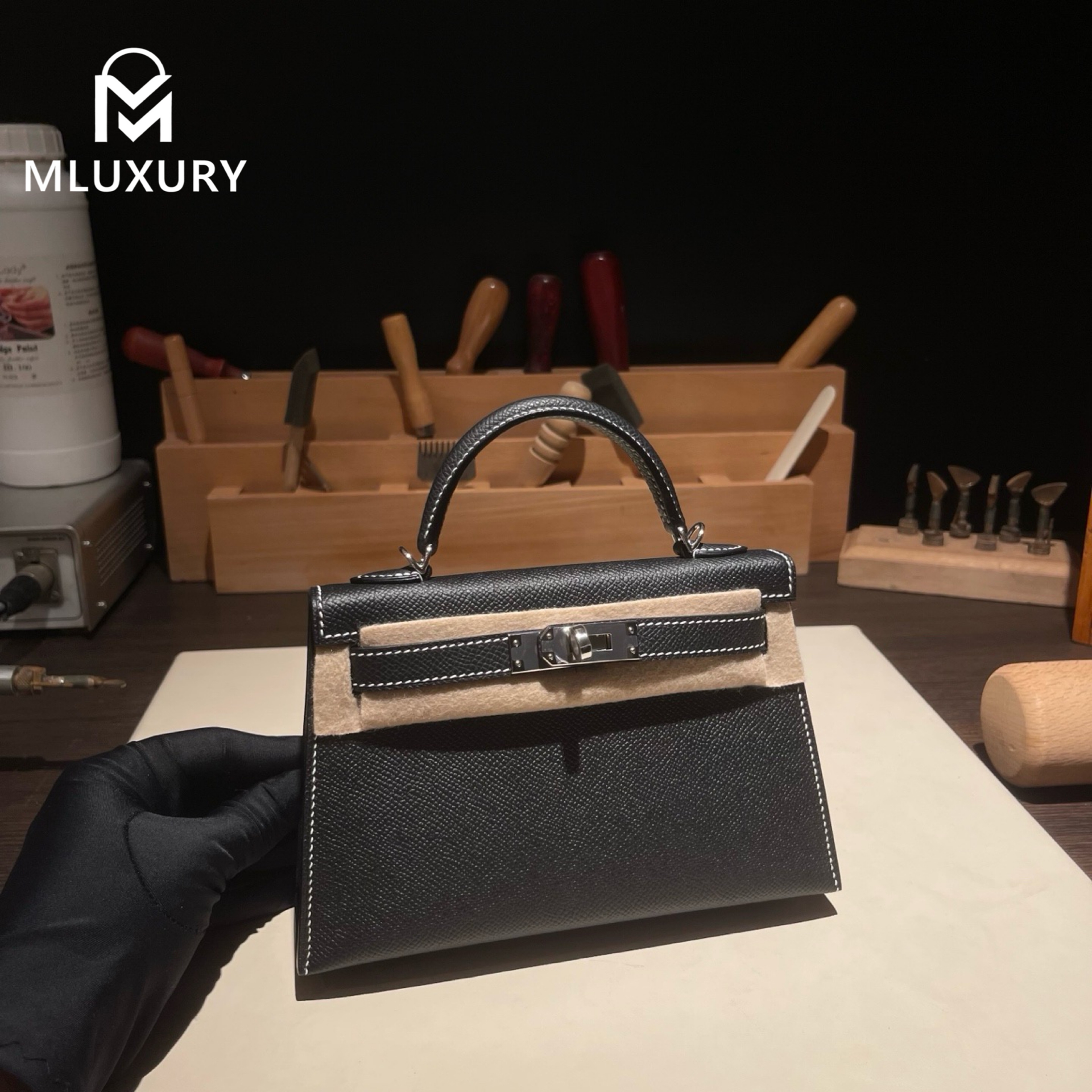 Hermès Mini Kelly II, Genuine Epsom leather, Black interior with pearl grey accents, Silver hardware