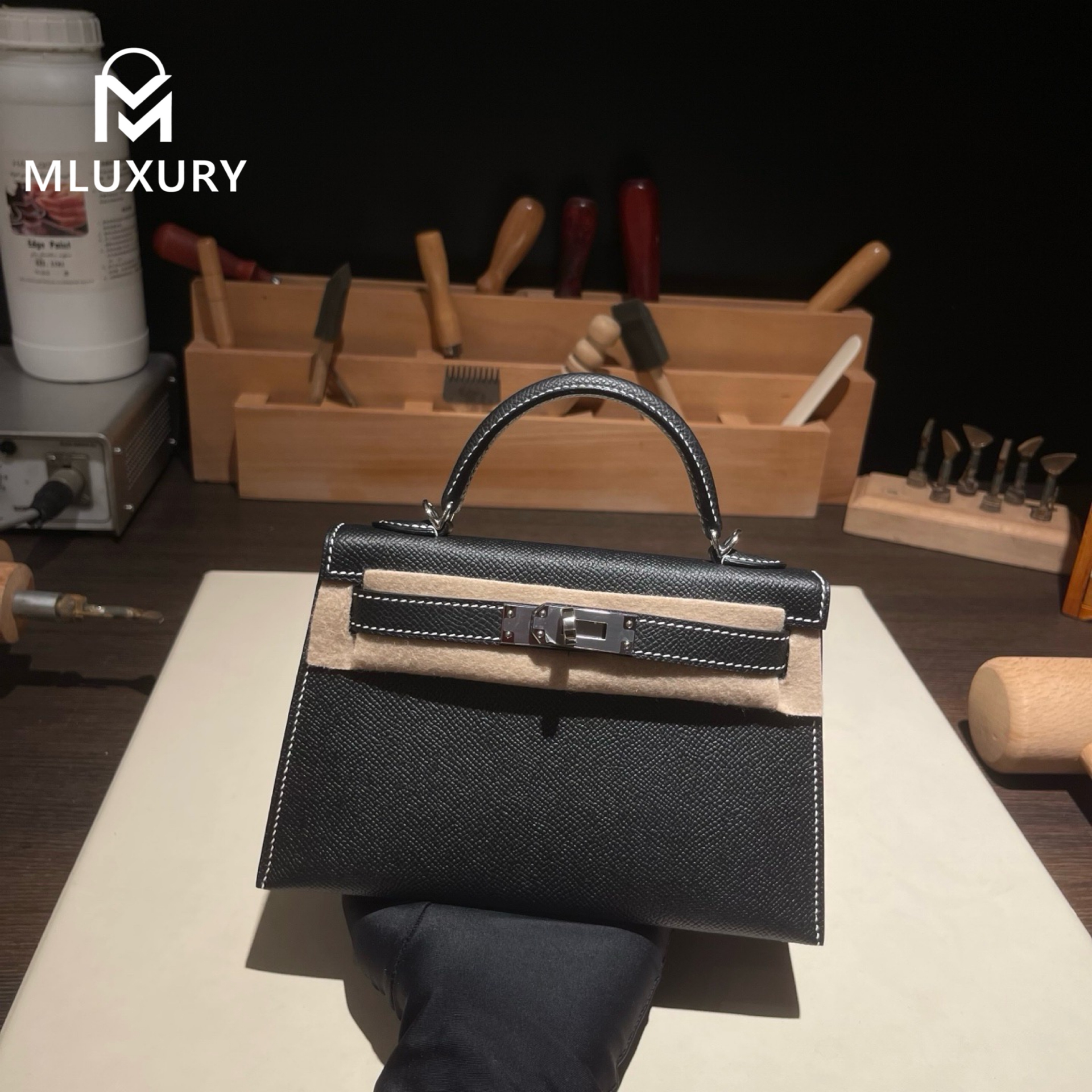 Hermès Mini Kelly II, Genuine Epsom leather, Black interior with pearl grey accents, Silver hardware