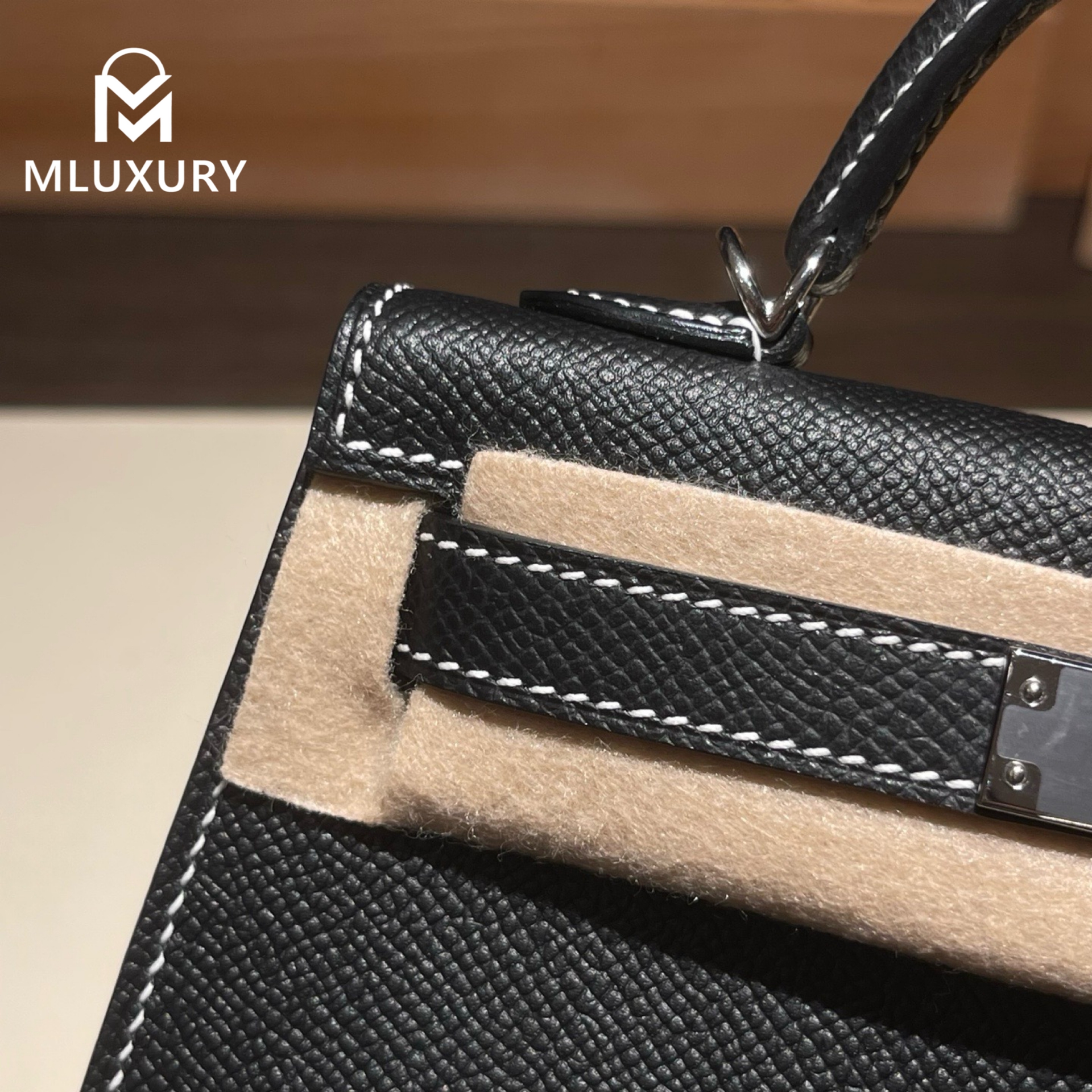 Hermès Mini Kelly II, Genuine Epsom leather, Black interior with pearl grey accents, Silver hardware
